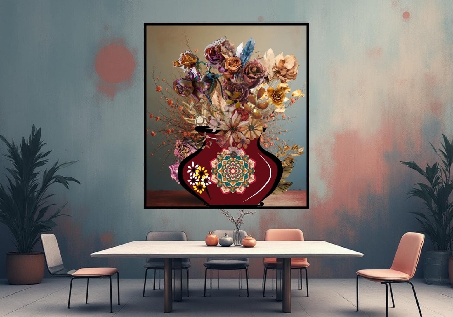 Vintage Burgundy Floral Vase Print, Mandala Bouquet (Digital Download)