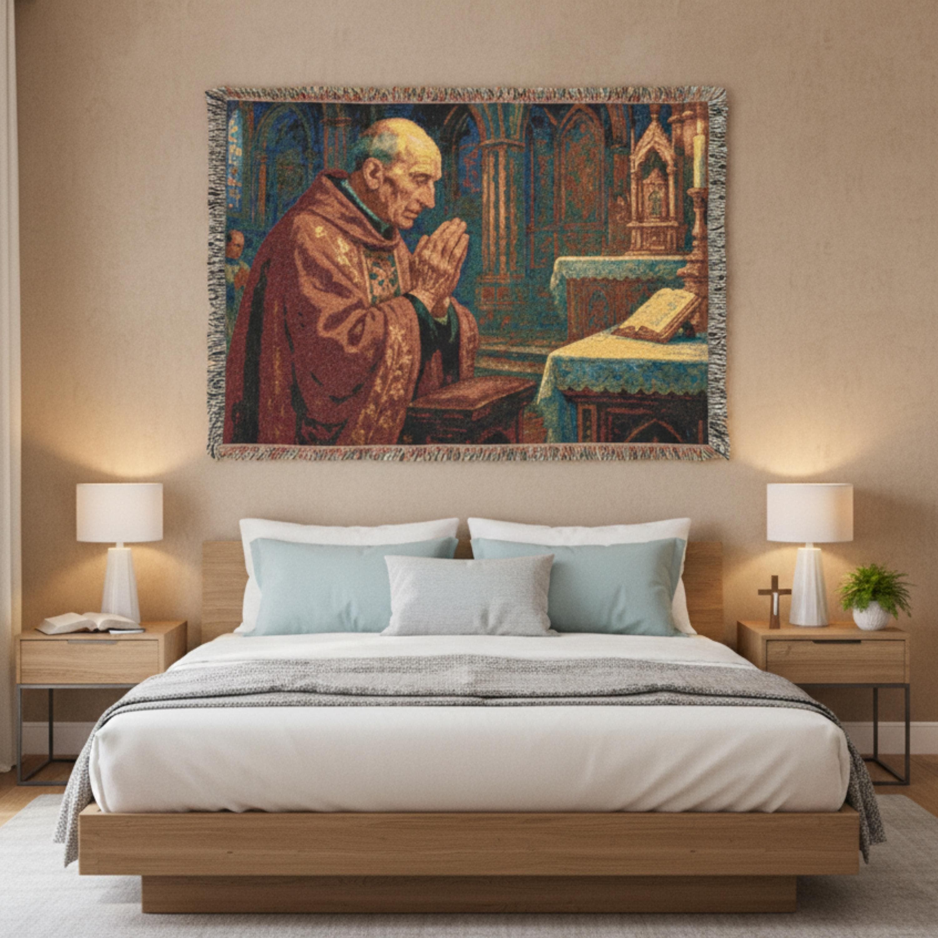 Woven tapestry wall hanging featuring a monk praying inside a cathedral — a detailed religious art scene inspired by Christian and Catholic faith. This woven tapestry blanket also serves as a sofa throw, bed blanket, wall decor, or meditation rug alternative, adding warmth and peaceful spirituality to any home. Perfect for lovers of religious art, prayer decor, Catholic gifts, and European woven textiles, bringing calm, devotion, and vintage elegance into your sacred space.