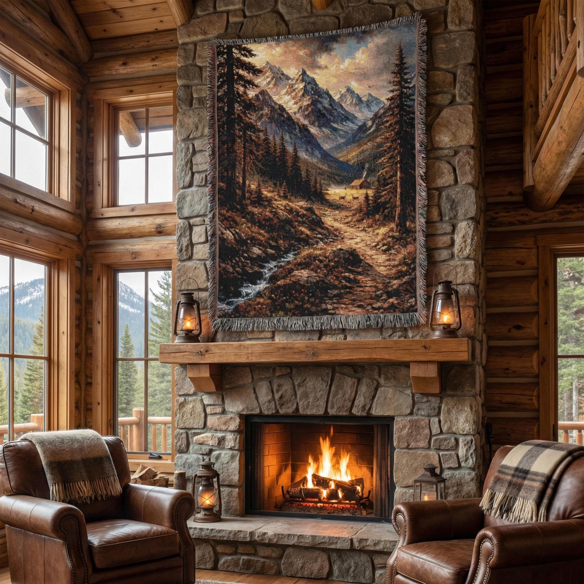 Mountain Landscape Woven Tapestry Wall Hanging, Woven Throw Blanket, Rustic Cabin Lodge Decor, Alpine Trail Hiking Gift, Large Wall Tapestry