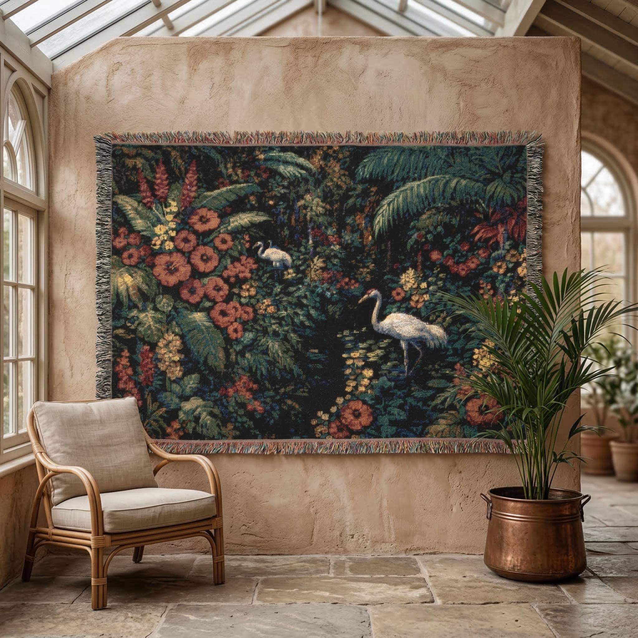Tropical Crane Tapestry Wall Hanging Jungle Floral Woven Throw Blanket Maximalist Botanical Decor Moody Bird Wall Art Exotic Garden Gift