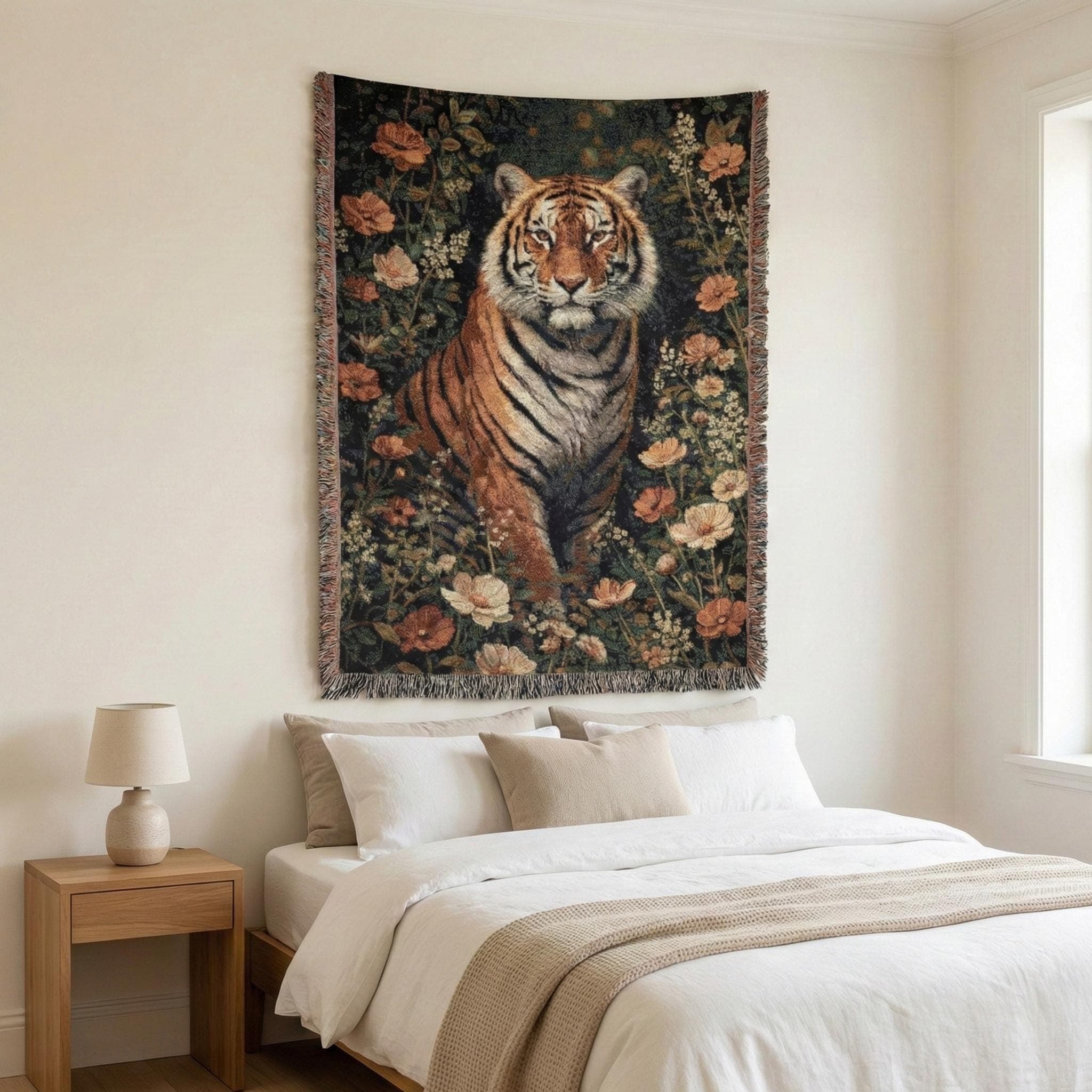 Floral Tiger Tapestry Wall Hanging Woven Throw Blanket, Vintage Botanical Jungle Wall Art Decor, Cottagecore Boho Bedroom Living Room Gift