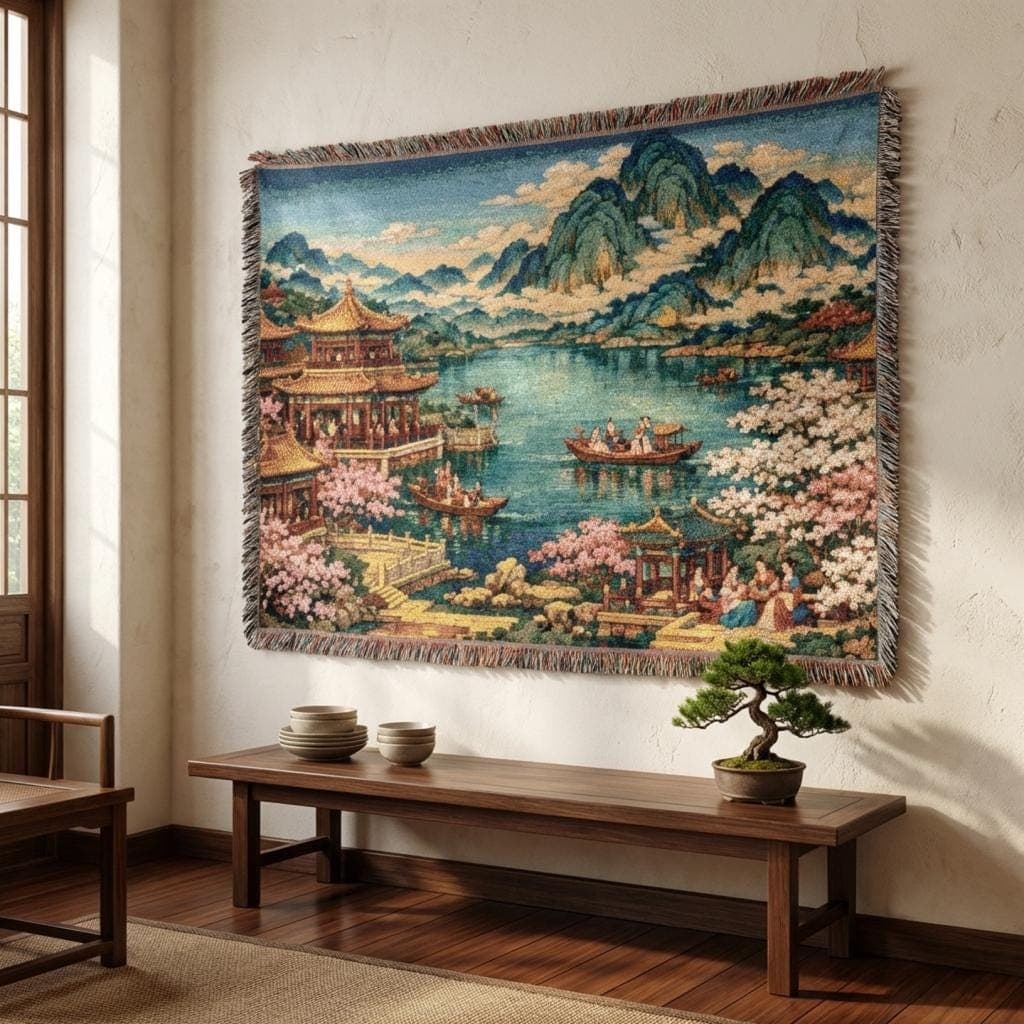 Cherry Blossom Lake Tapestry Wall Hanging Woven Blanket Asian Pagoda Landscape Wall Decor, Spring Sakura Wall Art, Cottagecore Boho Gift Zen