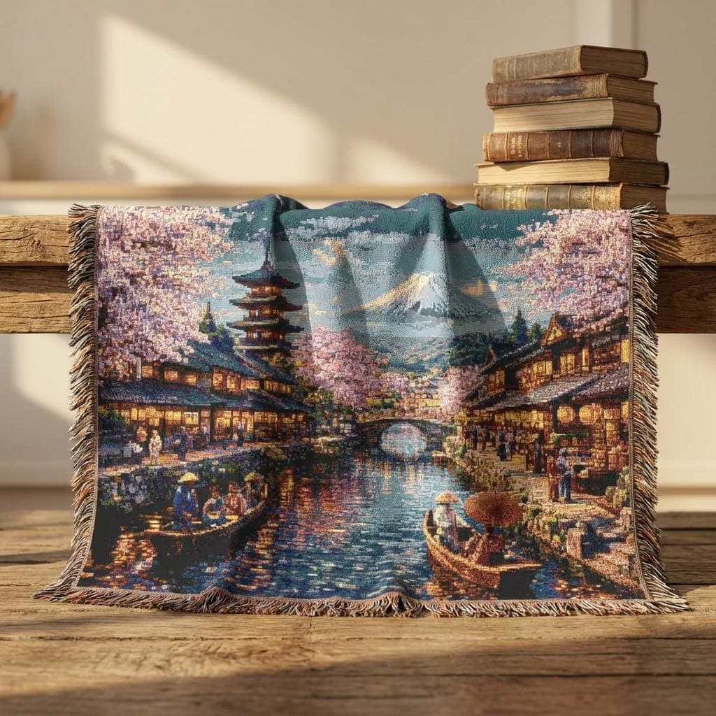 Woven tapestry wall hanging featuring a romantic Japanese canal village with glowing traditional houses, blooming cherry blossom trees, small wooden boats, a pagoda, an arched stone bridge, and Mount Fuji in the distance beneath a soft evening sky. Scenic sakura wall art with warm water reflections and timeless travel charm, ideal as a large wall tapestry, woven throw blanket, Japanese home decor, peaceful room accent, and gift for cherry blossom lovers and landscape art collectors.