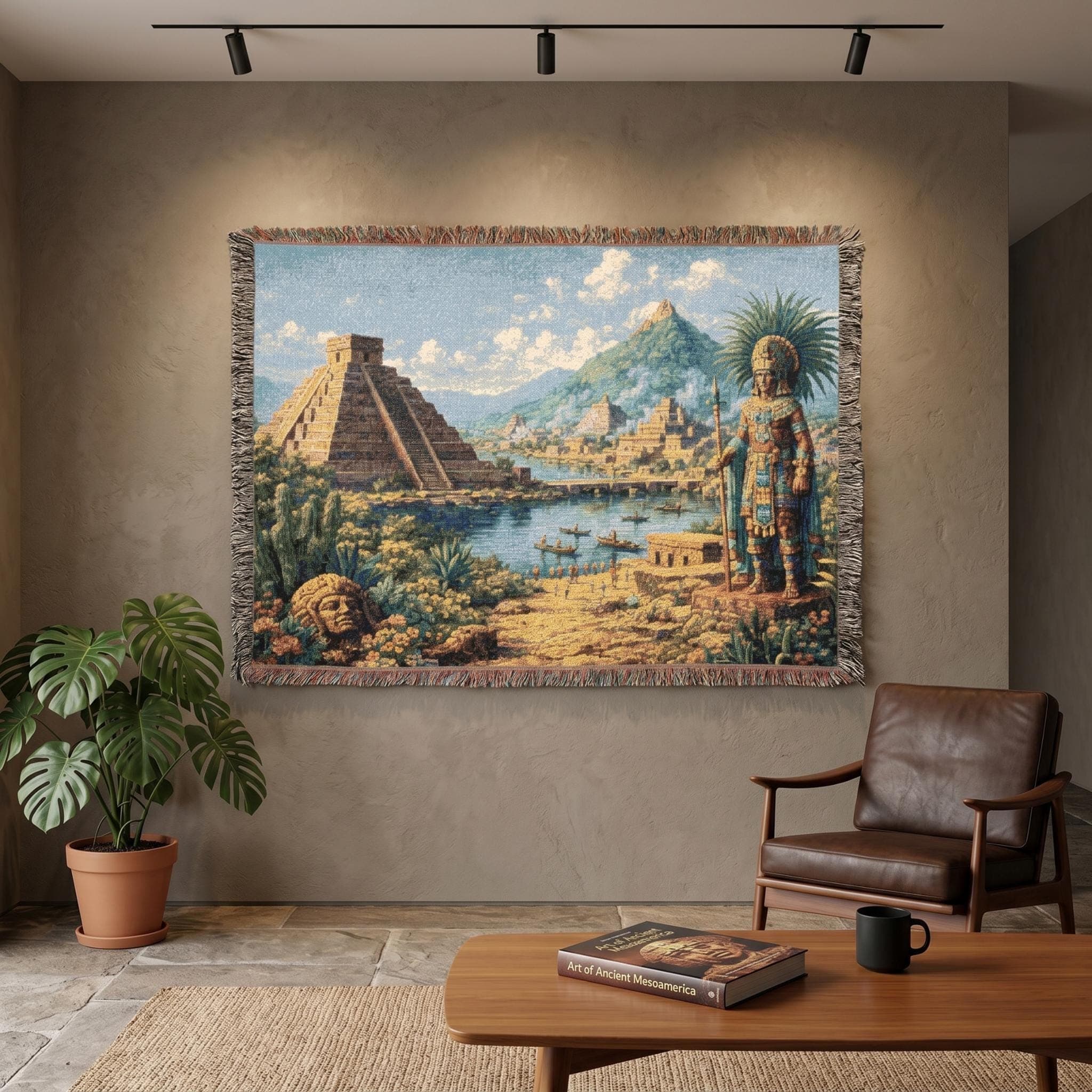 Ancient Mesoamerican Tapestry Wall Hanging Woven Throw Blanket Pyramid Wall Art Aztec Inspired Temple Decor Historic Landscape Home Gift