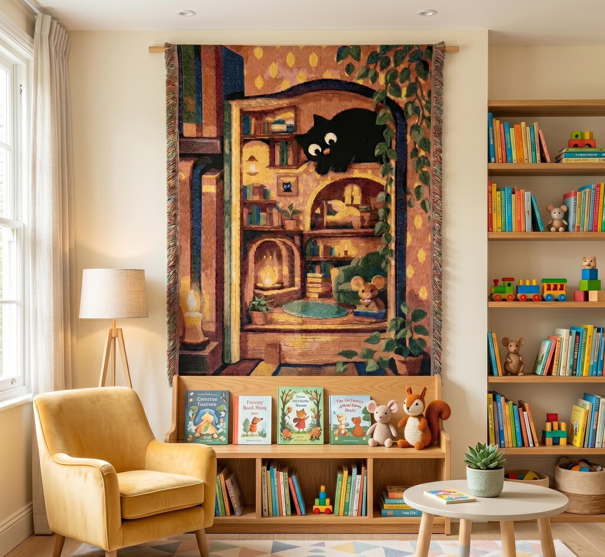 Woven tapestry wall hanging featuring a playful black cat resting above a tiny cozy dollhouse style reading nook with bookshelves, glowing fireplace, armchair, warm lamplight, trailing plants, flowers, and whimsical miniature room details. Cottagecore cat wall art with book lover decor, soft vintage color palette, and charming homey mood, ideal as a large wall tapestry, woven throw blanket, reading corner accent, cozy room decor, and gift for cat lovers, readers, and cottagecore home decor fans.