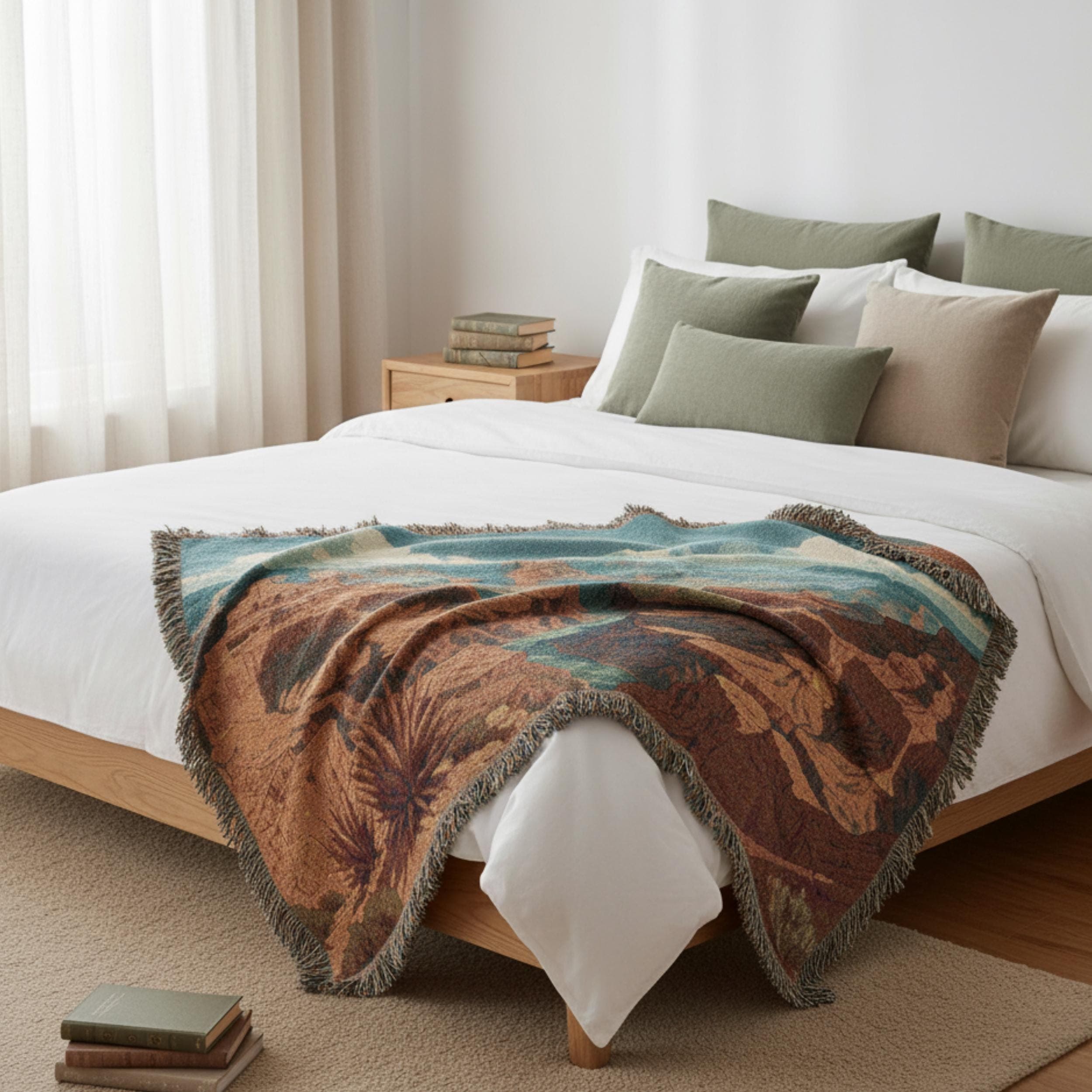 Grand Canyon woven tapestry blanket featuring a breathtaking desert canyon landscape with layered red rocks, turquoise river, and vivid sky. This large wall tapestry doubles as a woven blanket throw or classic wall decor, inspired by Western landscapes and American desert art. The intricate woven texture and rich earthy tones create a rustic, timeless feel, perfect for adding warmth and natural beauty to any living room, cabin, or bedroom. anyone who loves moody tapestry and woven decor.
