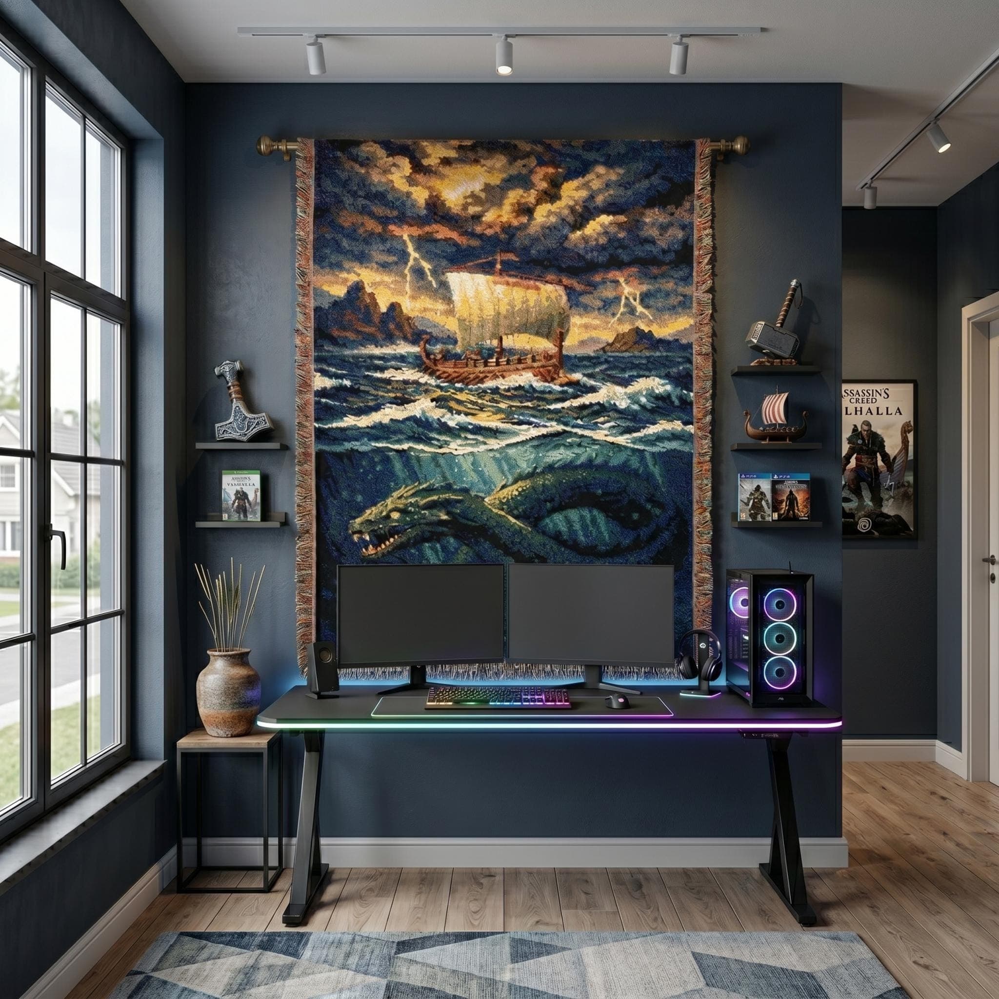 Woven tapestry wall hanging featuring a Viking longship crossing dark stormy waves beneath a lightning filled sky, while a massive sea serpent coils under the water near rocky islands. Norse fantasy wall art with dramatic ocean scenery, mythic adventure mood, and deep blue woven detail, ideal as a large wall tapestry, scenic throw blanket, game room decor, nautical home accent, and gift for mythology fans, fantasy lovers, and collectors of bold statement art.