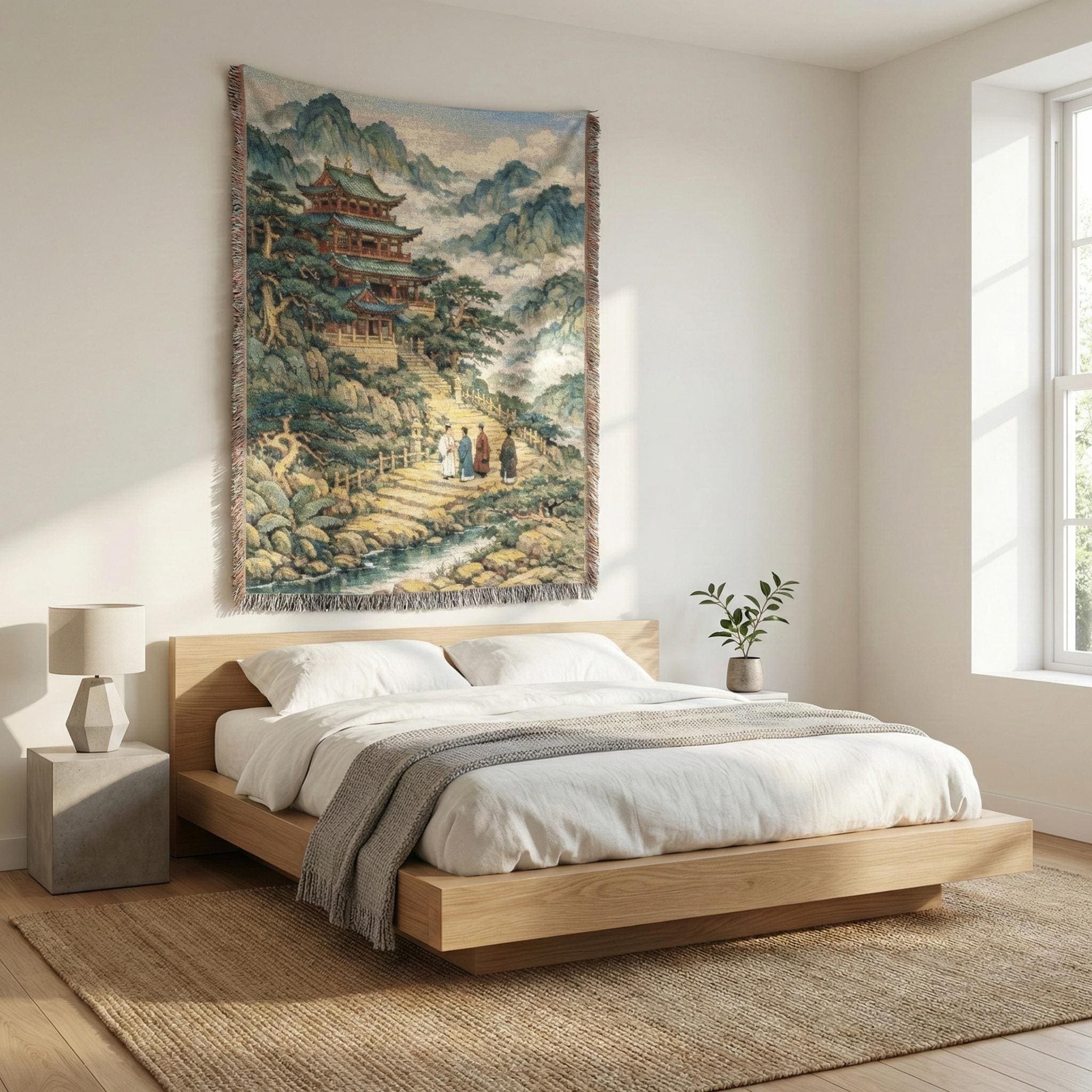 Woven tapestry wall hanging with fringe featuring a traditional Chinese pagoda temple perched on misty mountains above a winding river path, with travelers on stone steps, pine trees, and cloud-filled peaks. Vintage landscape look and rich woven texture make it perfect as wall decor or a cozy throw blanket. Beautiful for a zen room, tea nook, yoga studio, bedroom, dorm, or gallery wall. A thoughtful Asian inspired chinoiserie gift for tea lovers, meditation fans, and travel lovers.