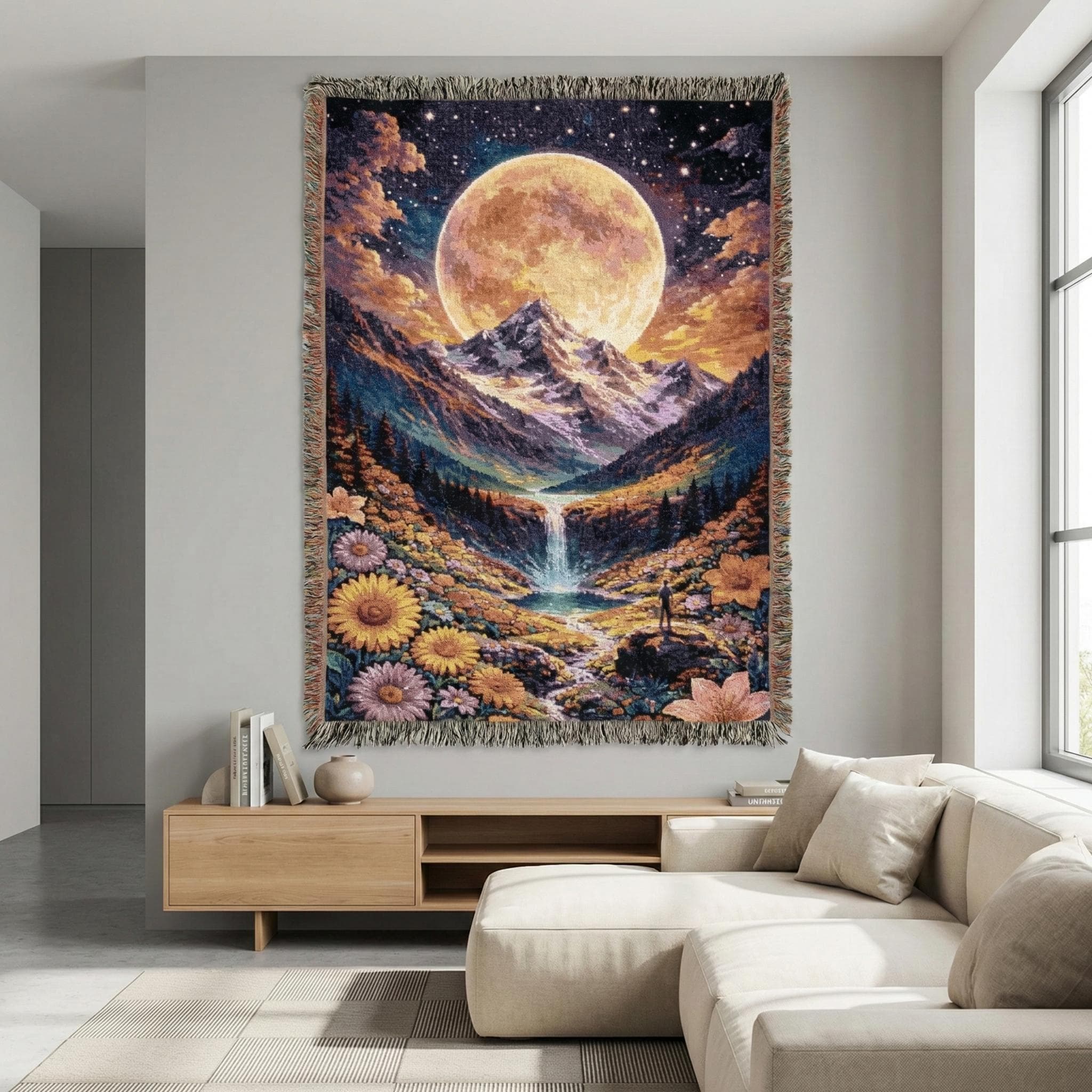Moody Woven Tapestry Wall Decor Full Moon Mountain Waterfall Wall Hanging Tapestry Blanket Starry Night Art Landscape Wildflower Fringe