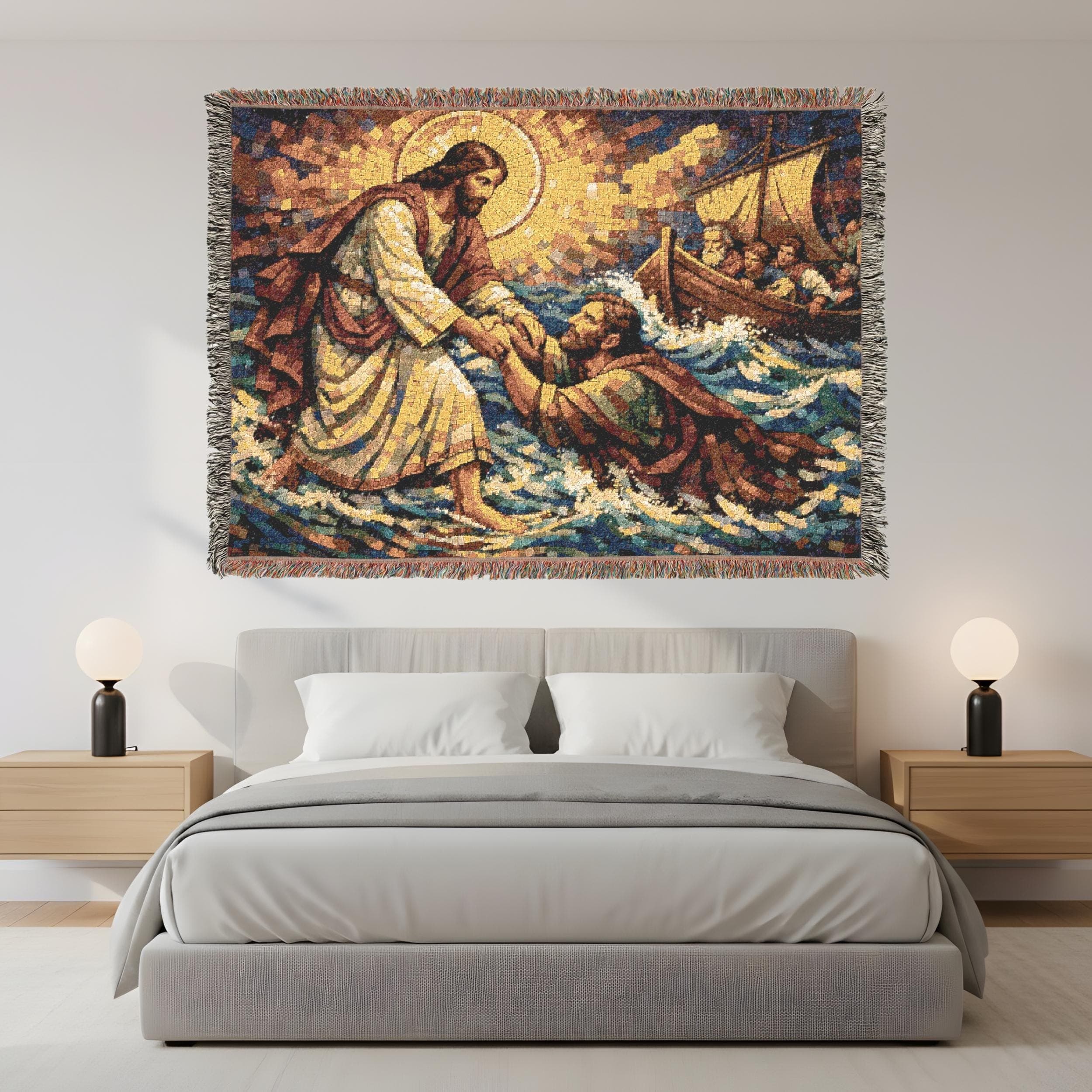 Jesus Walking on Water Large Tapestry Wall Art Woven Tapestry Blanket Christian Wall Hanging Religious Decor Vintage Mosaic Fringed Throw