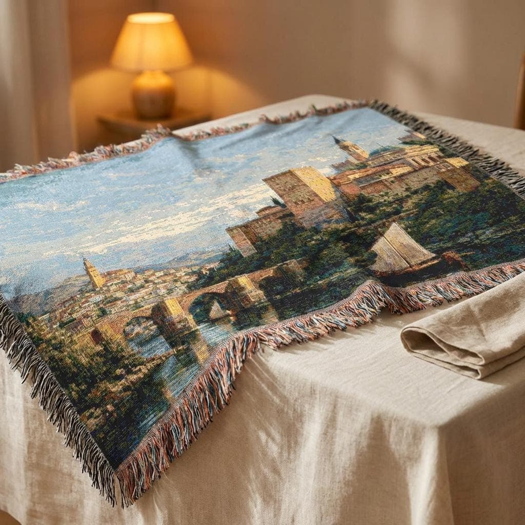 Woven tapestry wall hanging featuring an old world European river city with stone bridge, sailboat, fortified hillside buildings, towers, and warm Mediterranean architecture beneath a bright cloud filled sky. Historic cityscape wall art with castle walls, reflective water, and timeless travel scenery, ideal as a large wall tapestry, woven throw blanket, river landscape decor, European town wall art, old world home accent, and gift for architecture lovers, travelers, and history decor collectors.