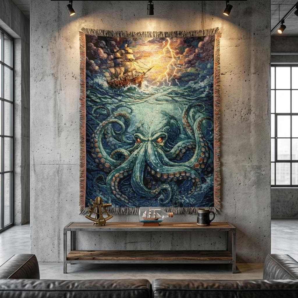 Kraken Woven Tapestry Wall Hanging Octopus Sea Monster Pirate Ship Stormy Ocean Woven Throw Blanket Nautical Gothic Wall Art Decor Gift