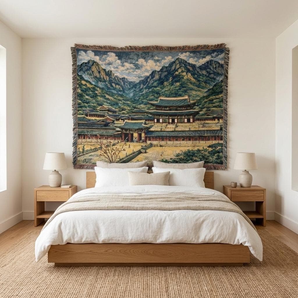 Korean Palace Tapestry Wall Hanging Woven Blanket Gyeongbokgung Mountain Landscape Wall Decor, Seoul Korea Travel Gift, Classic Wall Art