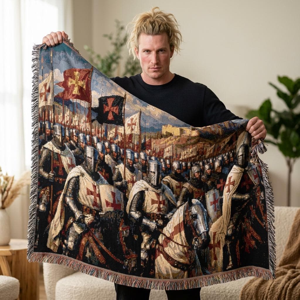 Woven tapestry wall hanging featuring a dramatic Crusader army scene with armored Templar knights on horseback, raised cross banners, a fortified castle on a hill, and rows of medieval soldiers beneath a bright cloud filled sky. Historic battle wall art with Christian warrior imagery, old world detail, and vintage woven texture, ideal as a large wall tapestry, throw blanket, study decor, game room accent, and gift for history lovers, knight fans, and medieval decor collectors.