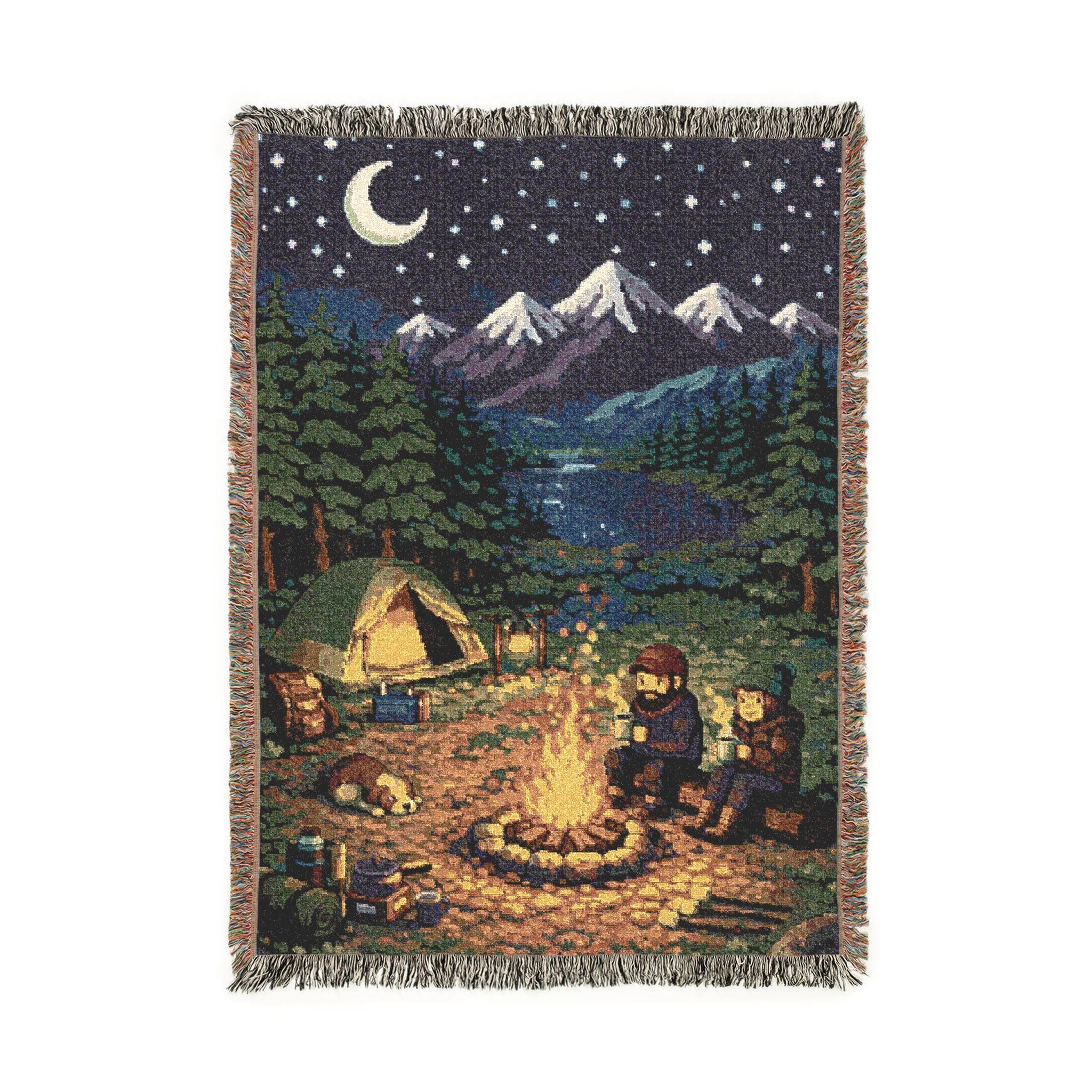 Woven tapestry wall hanging featuring a cozy mountain camping scene at night with two campers by a glowing campfire, a tent in the forest, a sleeping dog, pine trees, a lake, snowy peaks, and a crescent moon under a star filled sky. Rustic outdoor wall art with warm cabin style and peaceful wilderness detail, ideal as a large wall tapestry, scenic throw blanket, camping decor, camper gift, hiking room accent, and cozy lodge style decor for nature lovers and adventure fans.