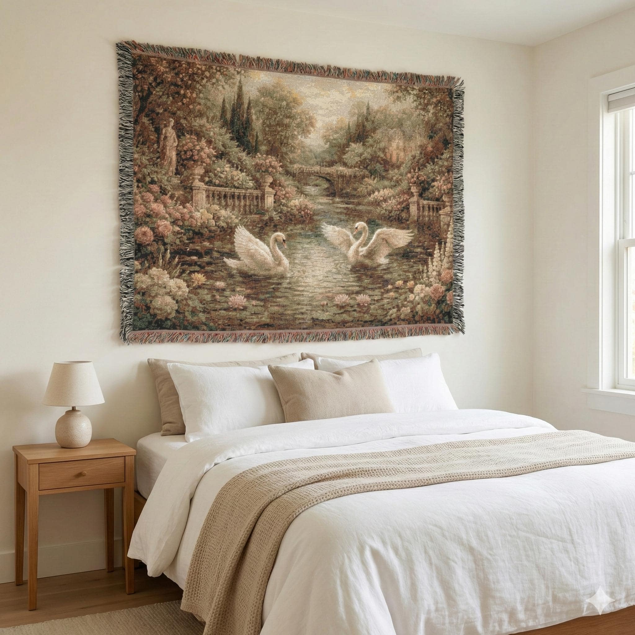 French Garden Swan Tapestry Wall Hanging Verdure Woven Throw Blanket Vintage Cottagecore Floral Lake Manor Decor Country Classic Wall Art