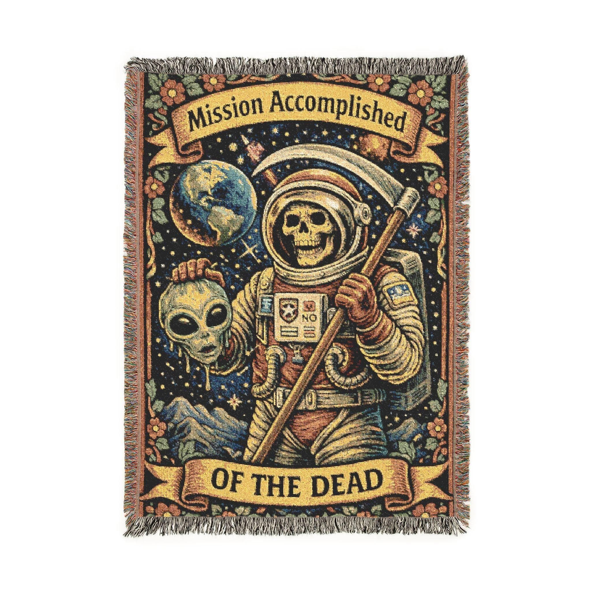 Woven tapestry wall hanging featuring a skeleton astronaut in space holding a scythe and alien head beneath the words Mission Accomplished Of The Dead, with Earth, stars, mountains, and a vintage floral border. Gothic sci fi tapestry with funny horror art, spooky space decor, retro tattoo style detail, and dark whimsical color palette, ideal as a large wall tapestry, woven throw blanket, Halloween room decor, alien wall art, skeleton decor, and gift for goth, gamer, and sci fi lovers.
