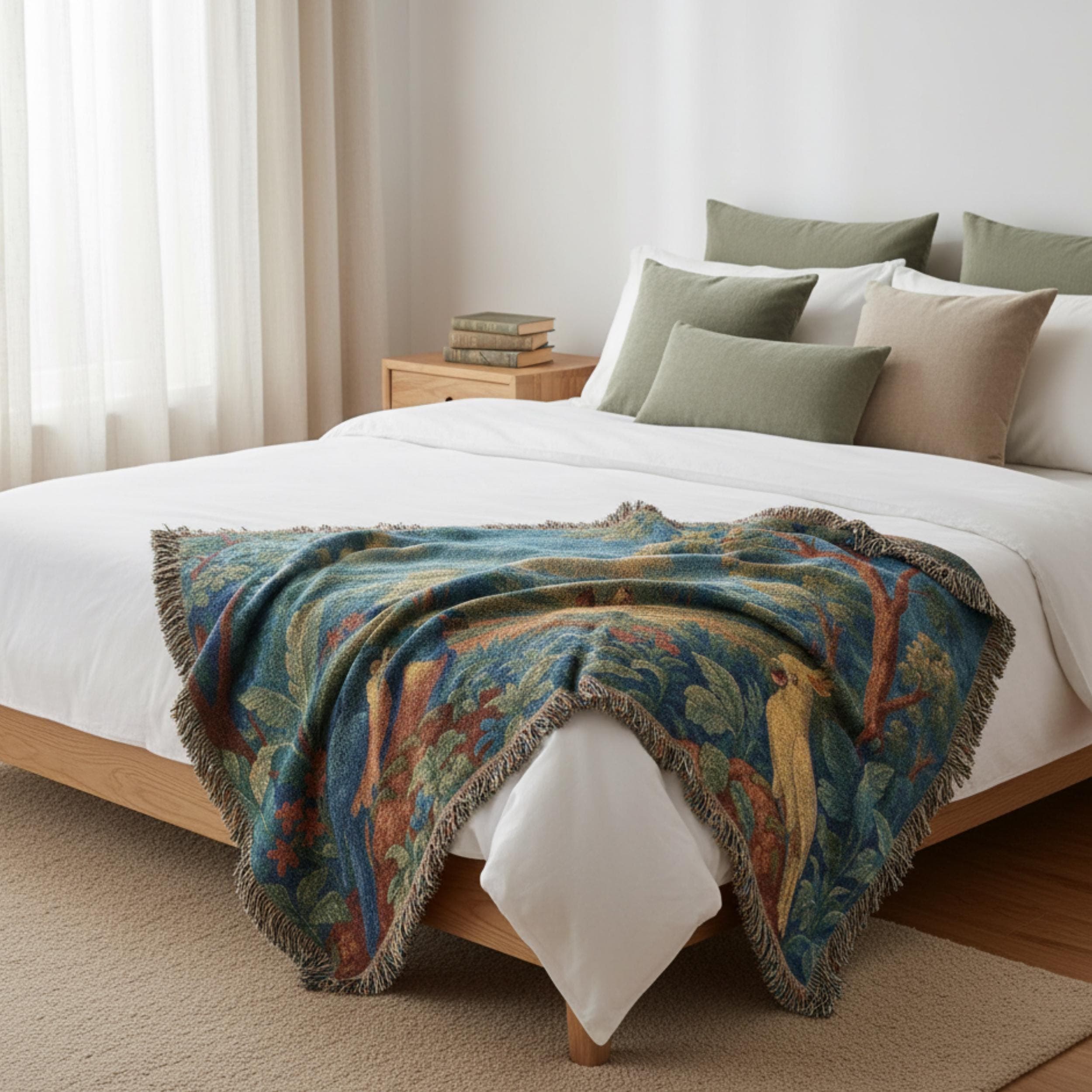 Vintage woven tapestry blanket featuring a lush tropical landscape with two colorful parrots amid vibrant green trees, flowers, and golden sunlight. Inspired by antique French verdure wall tapestries, this large wall decor piece can be used as a woven blanket throw, tapestry wall art, or elegant wall hanging. The detailed weaving highlights the beauty of classic European craftsmanship, adding depth, warmth, and sophistication to any home.