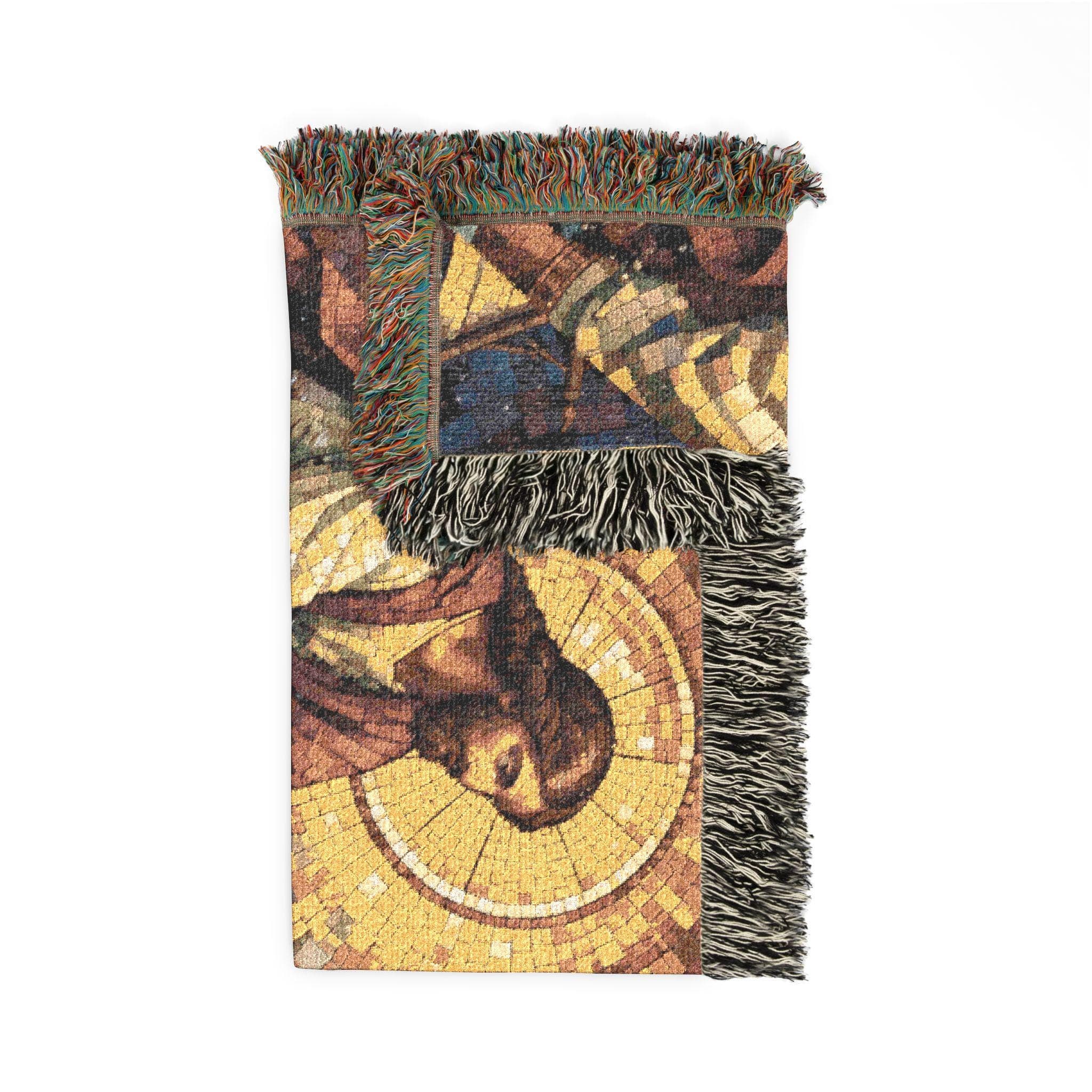 Woven tapestry blanket featuring Jesus walking on water, reaching to lift a disciple from the waves, with a boat of apostles behind and a radiant golden halo in a vintage mosaic look. Ocean blues, foaming water, and warm gold tones create classic sacred art style. Use as tapestry wall art or woven wall hanging with fringed edges for Christian or Catholic decor in a prayer corner, entryway, bedroom, or church, and a meaningful religious gift for baptism, confirmation, Easter, or house blessing.