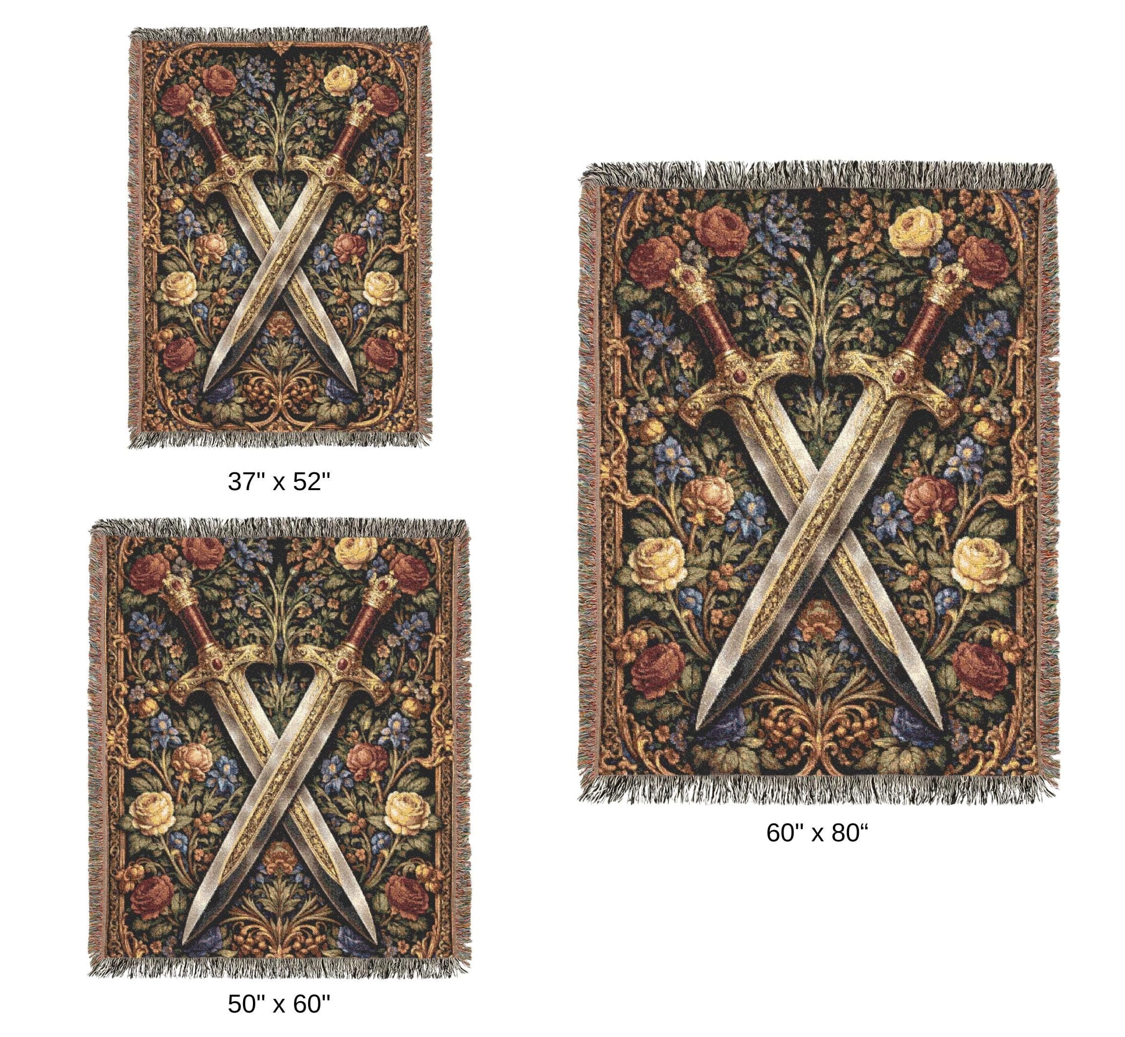 Woven tapestry wall hanging featuring two crossed ornate medieval swords over a floral botanical background with antique gold border details and rich vintage texture. Gothic floral medieval wall decor with deep black, gold, burgundy, ivory, and dusty blue tones, ideal for dark academia bedroom, office, library, game room, or fantasy inspired home. Also works as a woven throw blanket. Perfect gift for sword collectors, fantasy lovers, gothic decor fans, and antique botanical wall art collectors