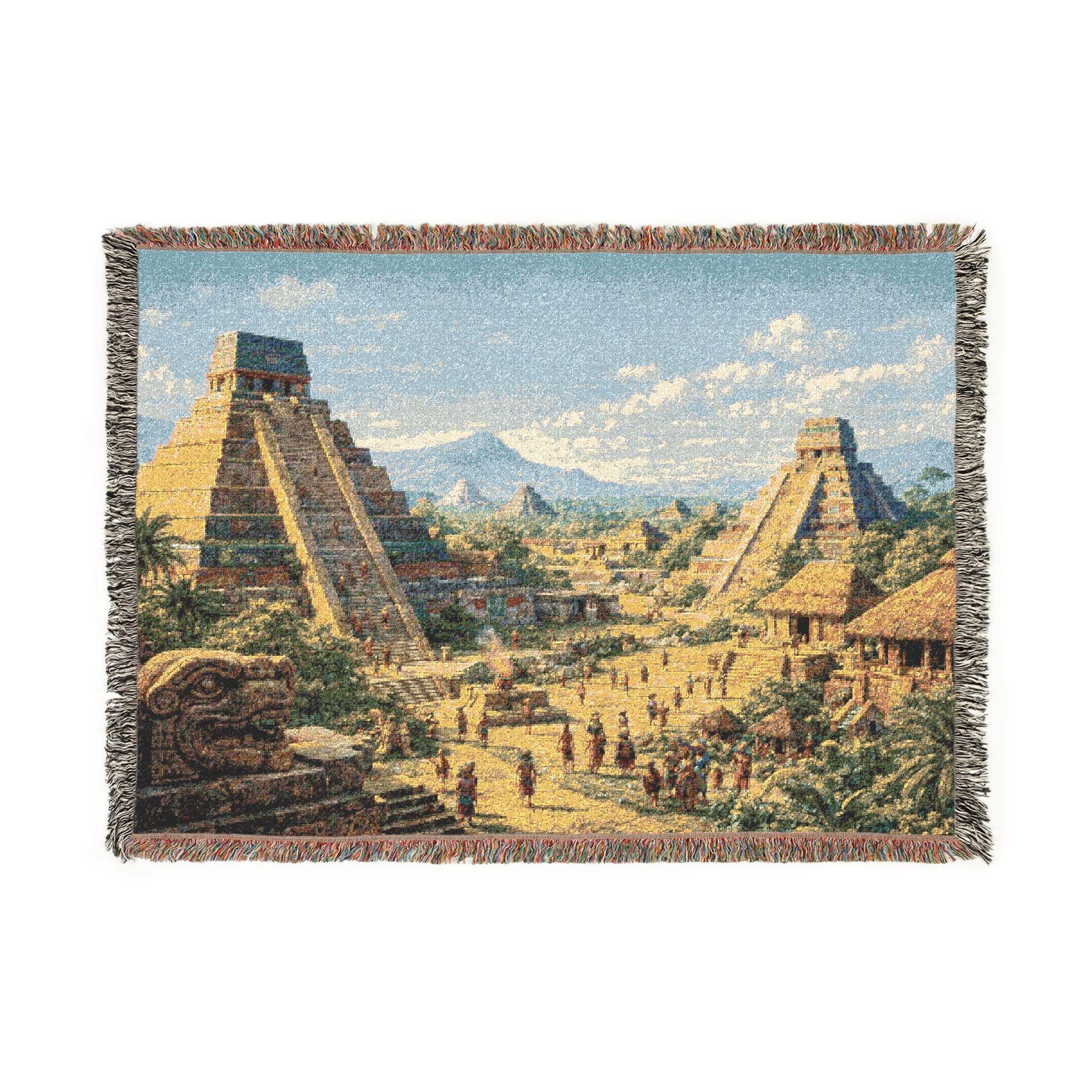 Woven tapestry wall hanging featuring an ancient Mayan city with towering stepped pyramids, stone temples, carved ruins, palm trees, and people walking through a sunlit ceremonial plaza beneath a bright blue sky. Vintage inspired Mesoamerican landscape tapestry with historic architecture, archaeological scenery, and warm old world detail, ideal as a large wall tapestry, woven throw blanket, temple wall art, ruins decor, gift for history lovers, travelers, collectors of ancient civilization art
