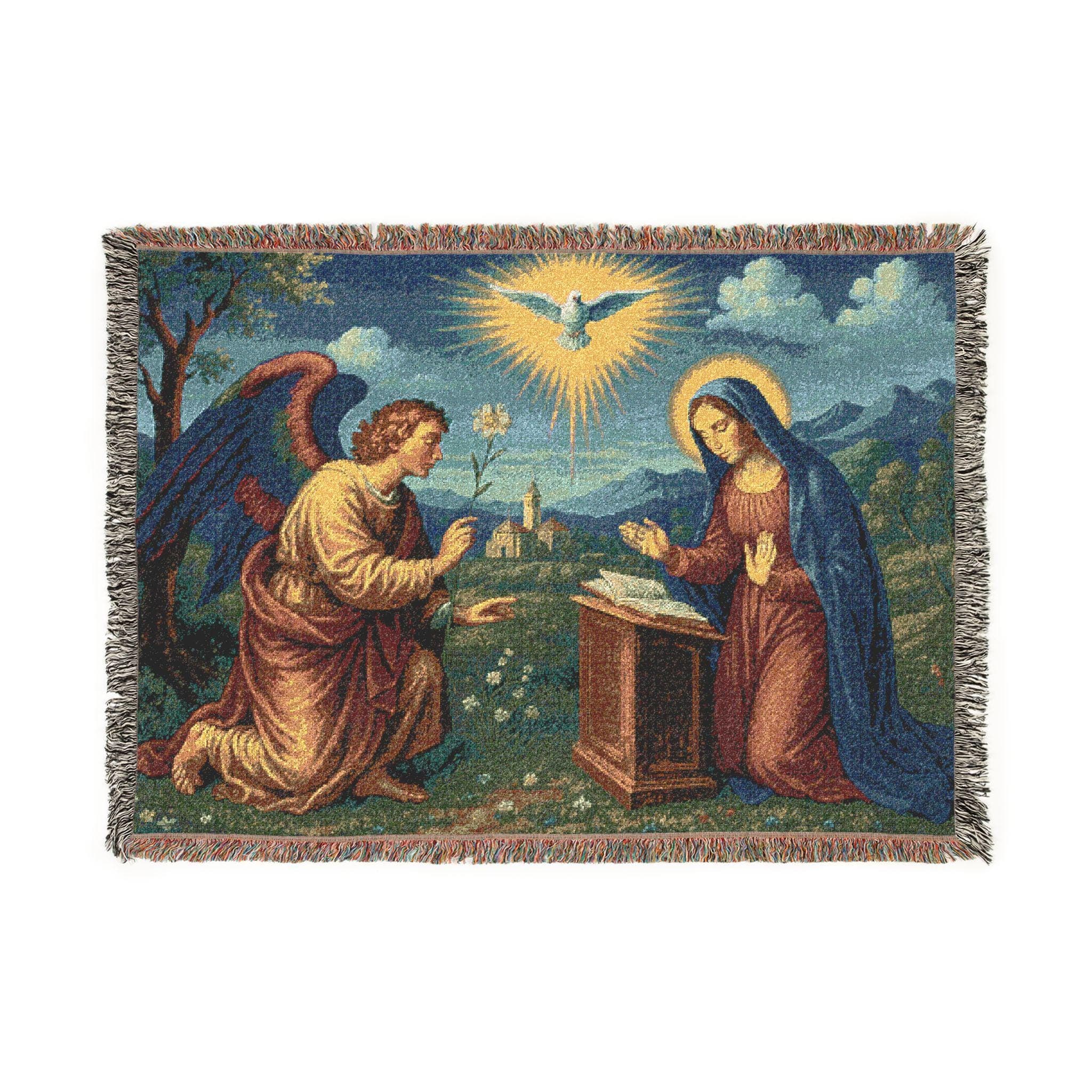 Woven tapestry wall hanging featuring the Annunciation with Angel Gabriel and Virgin Mary, radiant dove above, halo details, and a peaceful landscape background. Christian Bible scene decor with rich woven texture and fringe, ideal for prayer room, church, bedroom, or study. Also works as a woven throw blanket. Meaningful religious wall art gift for Catholic family, baptism, confirmation, housewarming, and faith-filled home decor.