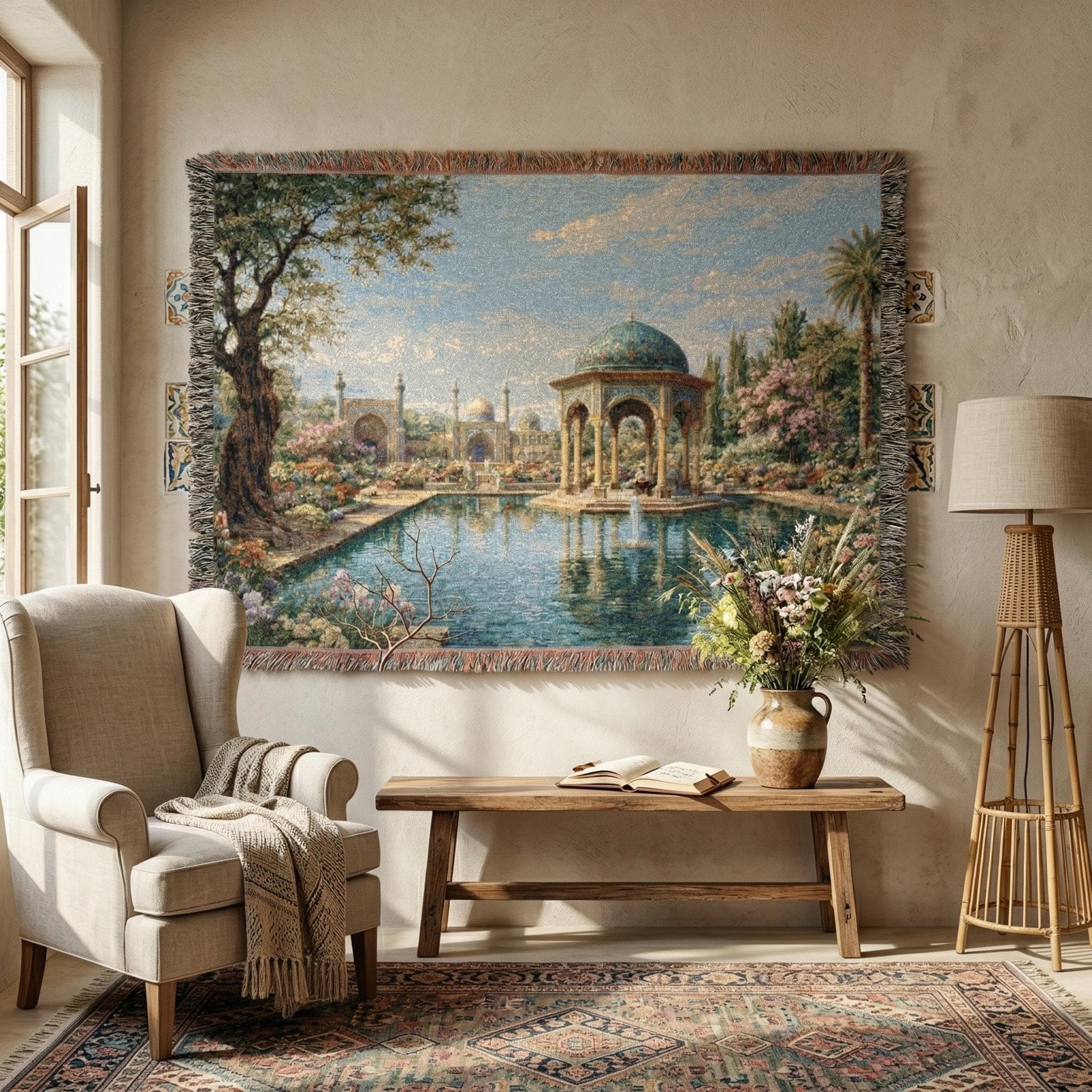 Persian Garden Tapestry Wall Art Woven Throw Blanket Islamic Courtyard Decor Peacock Pool Landscape Wall Hanging Floral Palace Vintage Theme