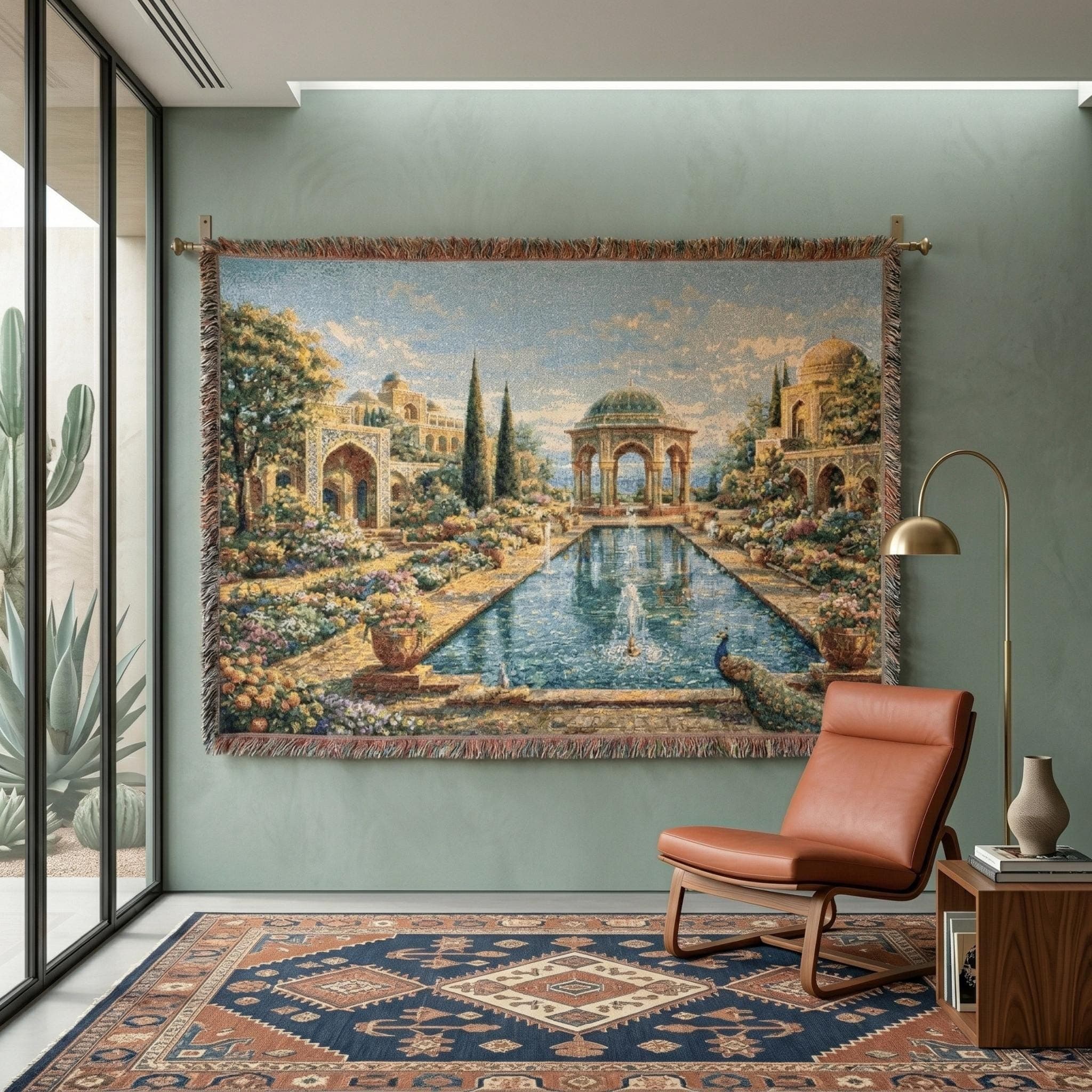 Woven tapestry wall hanging featuring a romantic Persian garden courtyard with elegant domed pavilions, ornate Islamic arches, blooming flower beds, tall cypress trees, a long reflecting pool, and a graceful peacock resting near the fountain. Vintage oriental landscape textile with soft blue sky and palace garden scenery, ideal for Persian decor, Middle Eastern home decor, peacock wall art, floral landscape wall decor, elegant room styling, and timeless scenic tapestry lovers.