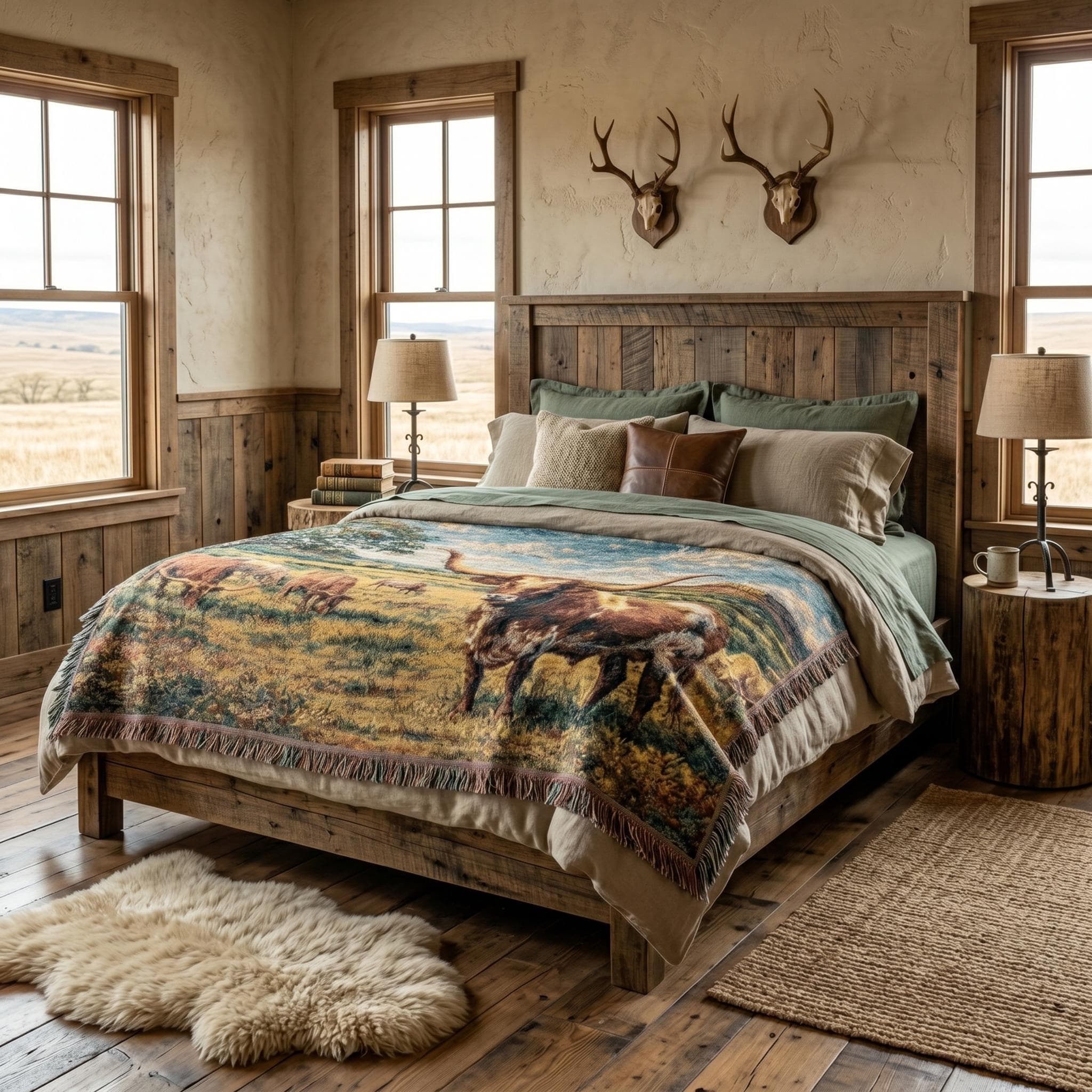 Woven tapestry wall hanging featuring a Texas longhorn standing in a sunny pasture with other cattle grazing across an open ranch field beneath a bright blue sky with soft clouds, a large tree, and distant mesa hills. Western wall art with rustic ranch charm, country farmhouse mood, and warm landscape detail, ideal as a large wall tapestry, decorative throw blanket, lodge room accent, and gift for cow lovers, ranch decor fans, and collectors of Texas inspired home decor.
