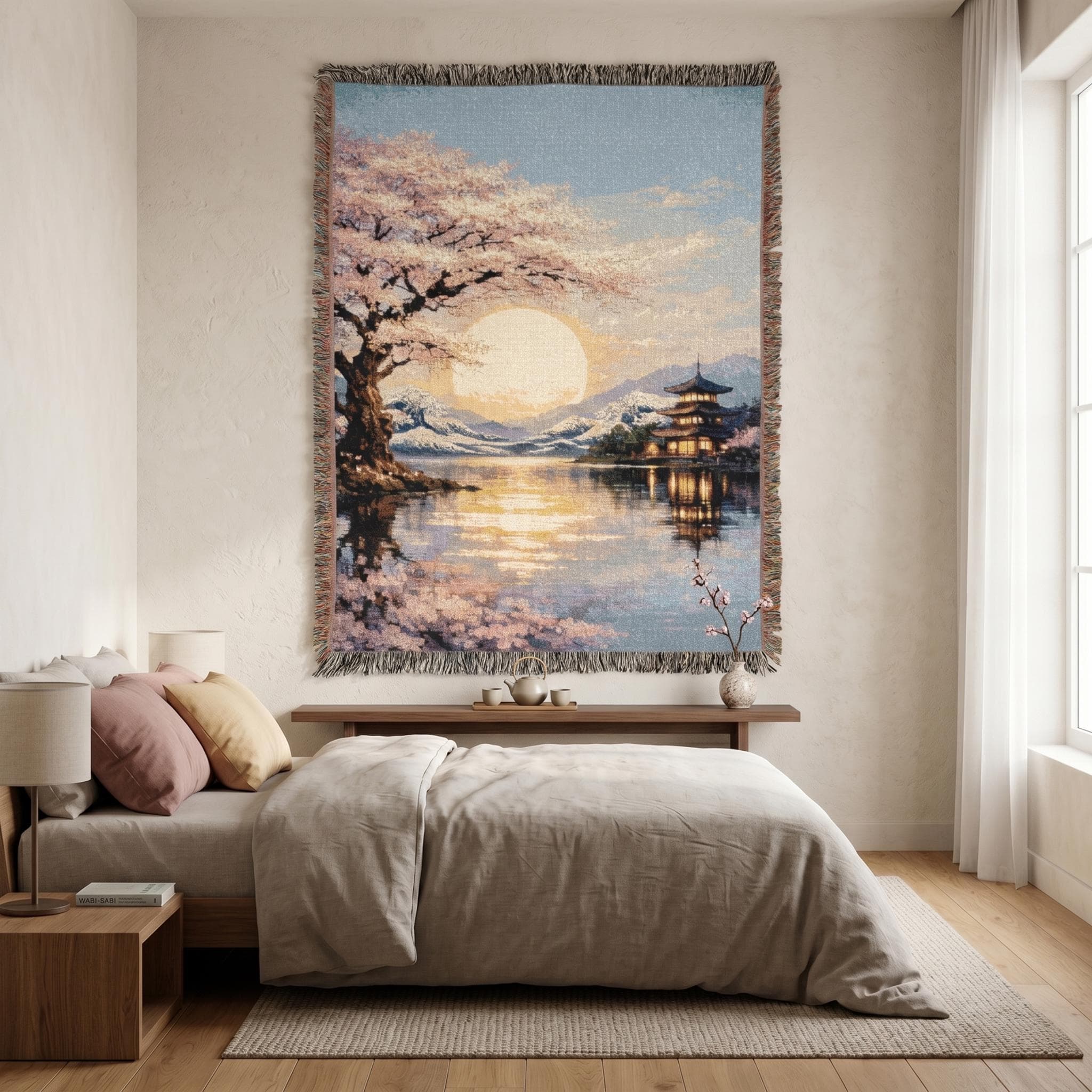 Japanese Sakura Tapestry Wall Hanging Sunset Lake Wall Art Pagoda Decor Cherry Blossom Mountain Throw Blanket Asian Home Decor Gift for Her