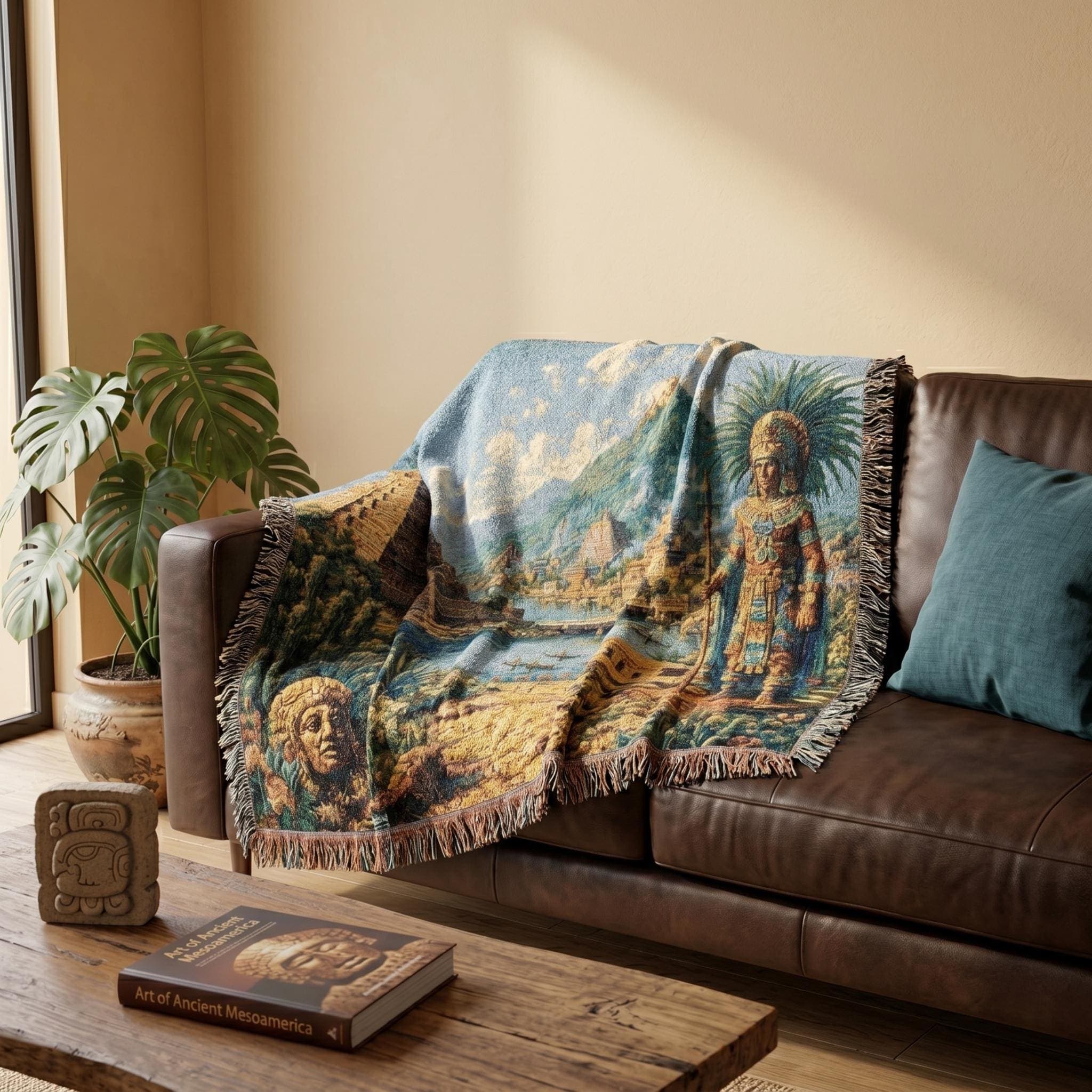 Woven tapestry wall hanging featuring an ancient Mesoamerican landscape with a stepped pyramid, ceremonial statue in feathered headdress, blue water, distant temples, mountain backdrop, desert plants and warm stone architecture under sky. Historic wall art with Aztec inspired, pre Columbian details, ideal as a large wall tapestry, woven throw blanket, cultural home decor, pyramid wall art, archaeology inspired gift, and statement piece for history lovers, travelers, and old world art collectors.