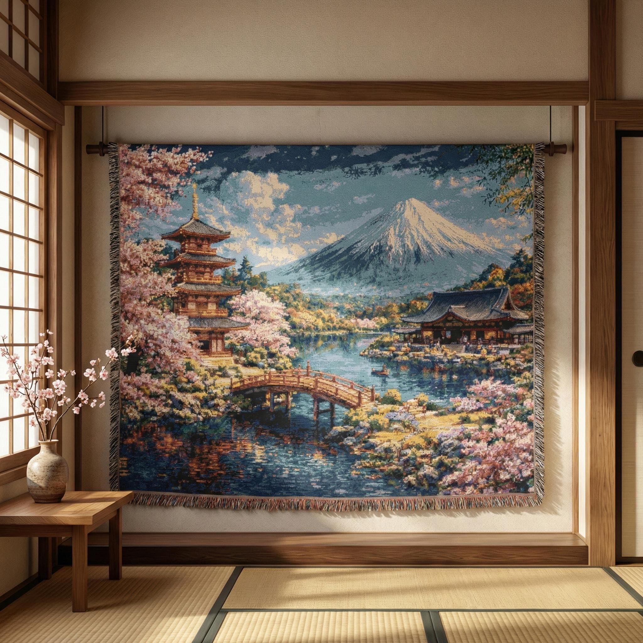 Japanese Woven Tapestry Wall Hanging, Mount Fuji Pagoda & Cherry Blossoms Scenic Textile Art, Large Boho Zen Room Decor Gift for Living Room