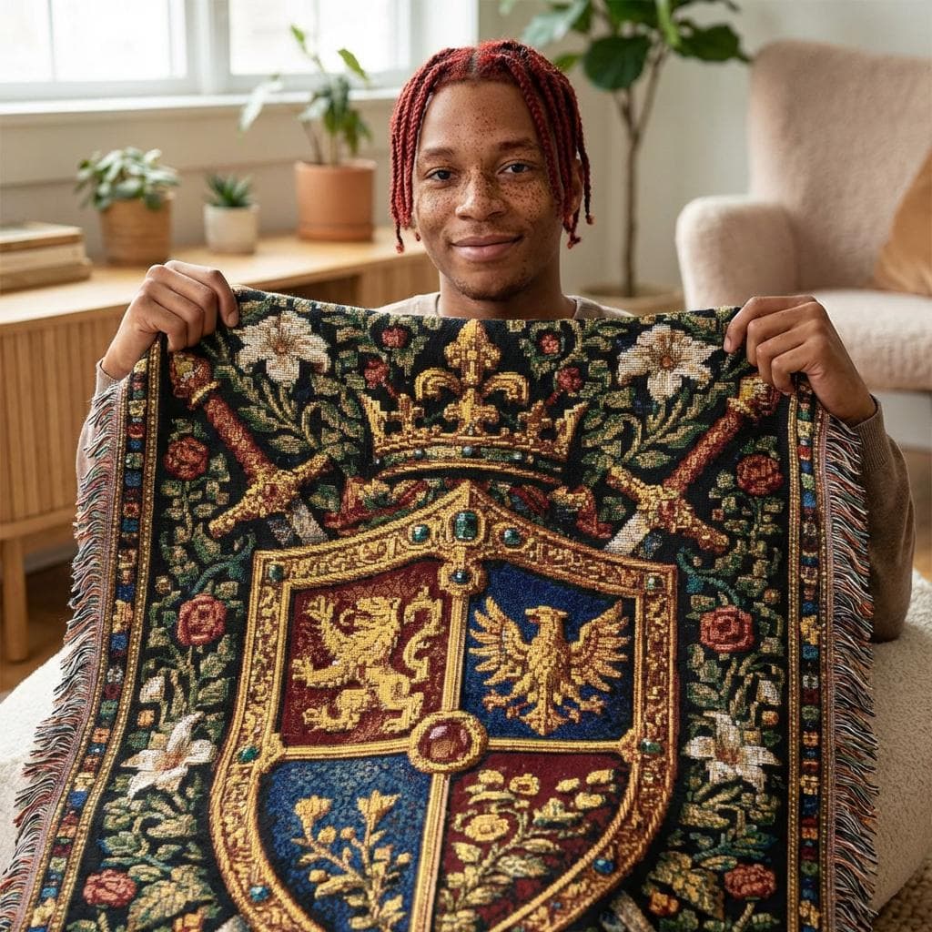 Woven tapestry wall hanging featuring a medieval heraldic shield with jeweled crown, crossed swords, gold trim, and richly detailed floral background in deep black, red, blue, and ivory tones. Gothic wall art with royal crest imagery, castle inspired symbolism, and vintage woven texture, ideal as a large wall tapestry, woven throw blanket, statement decor for a bedroom, study, game room, or library, and a unique gift for medieval decor lovers, fantasy fans, and dark academia collectors.