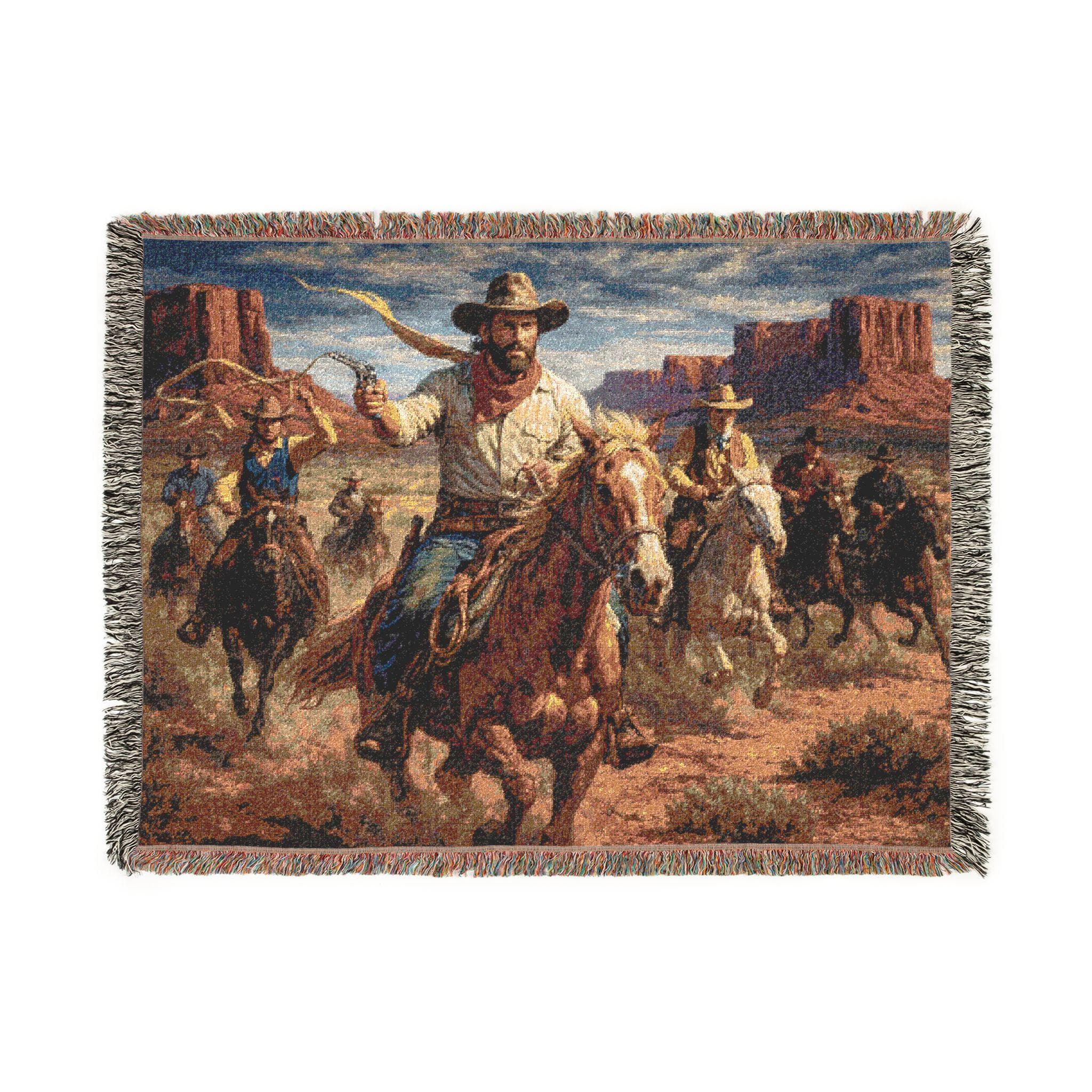 Woven tapestry blanket featuring a western cowboy riding a horse at the front of a group of riders, set in a vintage desert landscape with red rock mesas and open sky. Rustic ranch vibe with warm earth tones and detailed woven texture, finished with fringed edges. Use as tapestry wall art or woven wall hanging for western home decor, cabin lodge style, man cave, office, or living room. Perfect gift for horse lovers, cowboy decor fans, rodeo style, and housewarming.