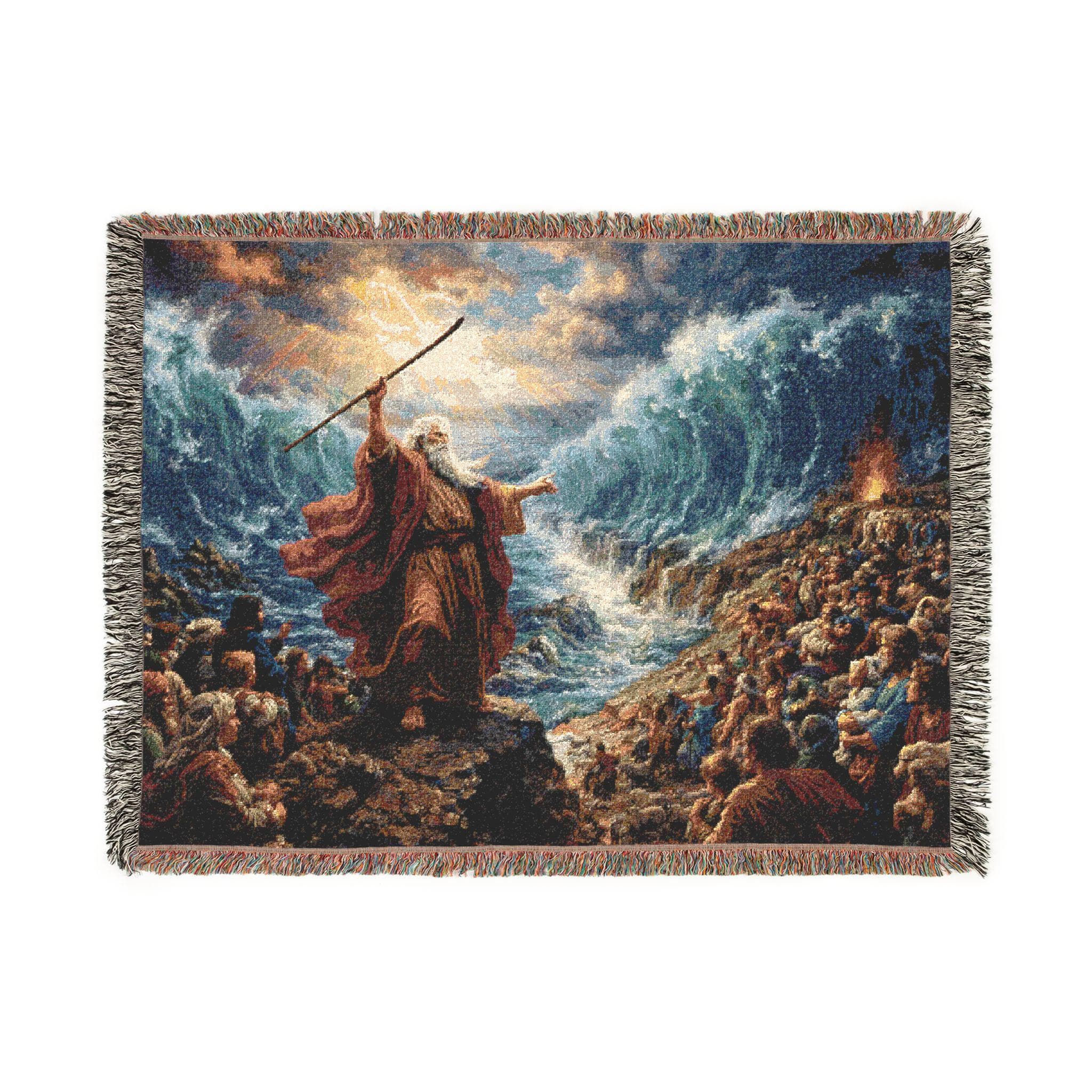 Horizontal jacquard woven tapestry wall hanging featuring Moses raising a staff as the Red Sea parts with towering ocean waves and a dramatic sky, with people gathered on both sides. Classic Bible scene religious wall decor in deep blue, and warm gold tones with vintage woven texture and fringe edges. Use as large wall tapestry for living room, entryway, bedroom, church or prayer space, or as a cozy woven throw blanket. Meaningful Christian gift for faith decor lovers and Bible story collectors