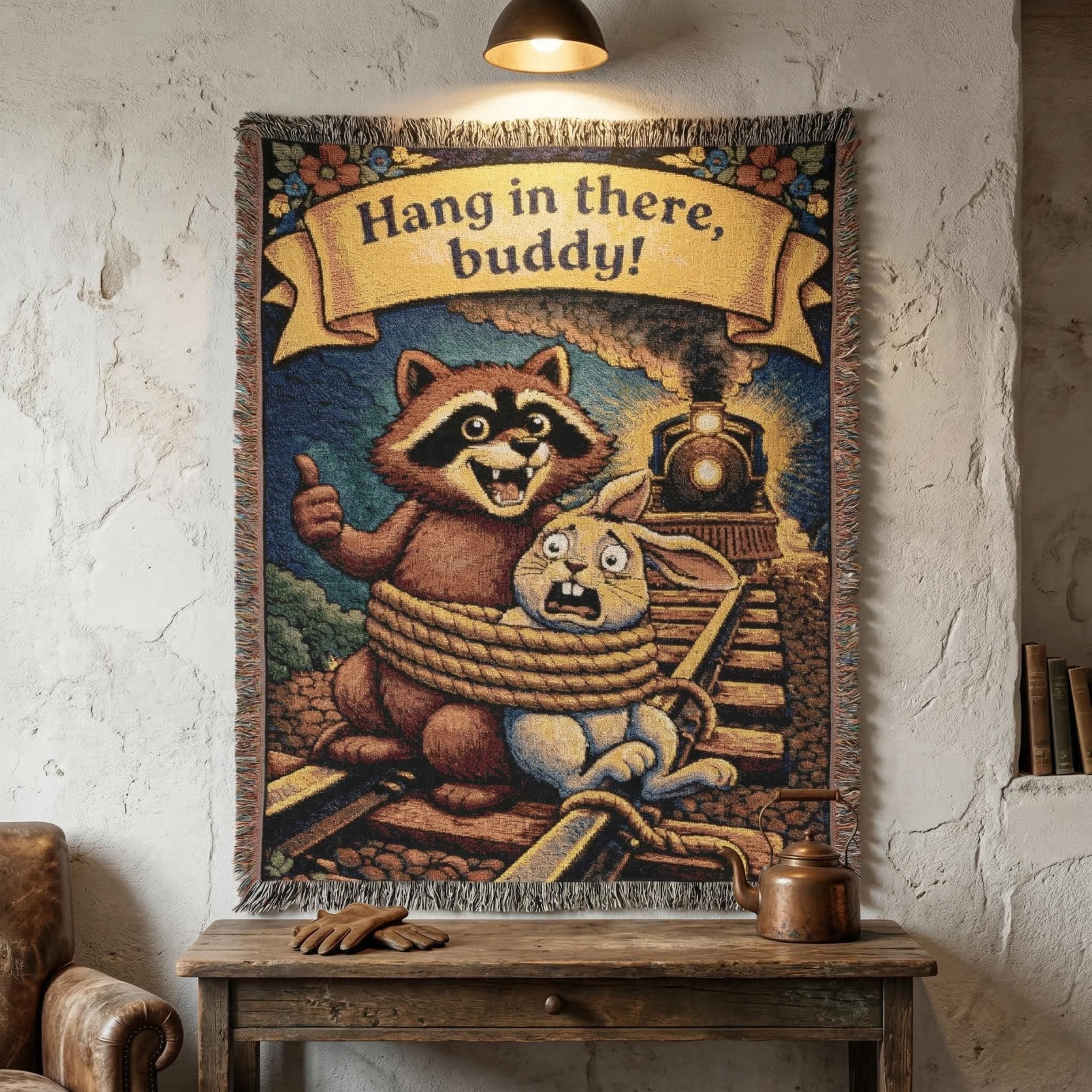 Funny Raccoon Tapestry Wall Hanging Hang in There Buddy Bunny Rabbit Train Humor Woven Throw Blanket Meme Wall Art Funny Animal Kids Gift