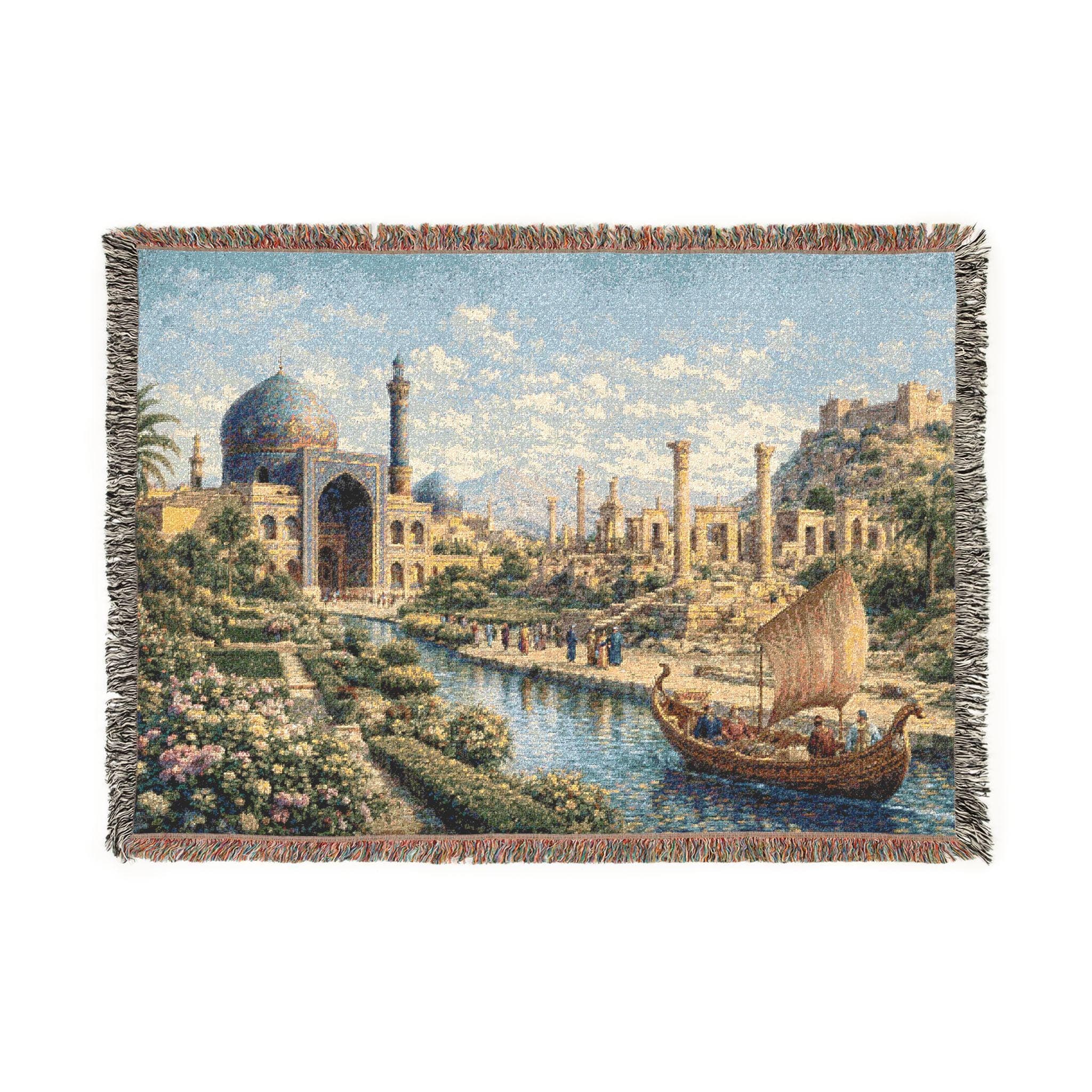 Woven tapestry wall hanging featuring a dreamy Persian river city with a blue domed mosque, ornate Islamic arches, ancient columns, blooming garden paths, and a small sailboat gliding through reflective water under a bright sky. Vintage Middle Eastern tapestry wall art with oriental architecture, palace garden scenery, and soft old world colors, ideal as a large wall tapestry, woven throw blanket, statement home decor, and gift for architecture lovers, history lovers, and scenic art collectors.