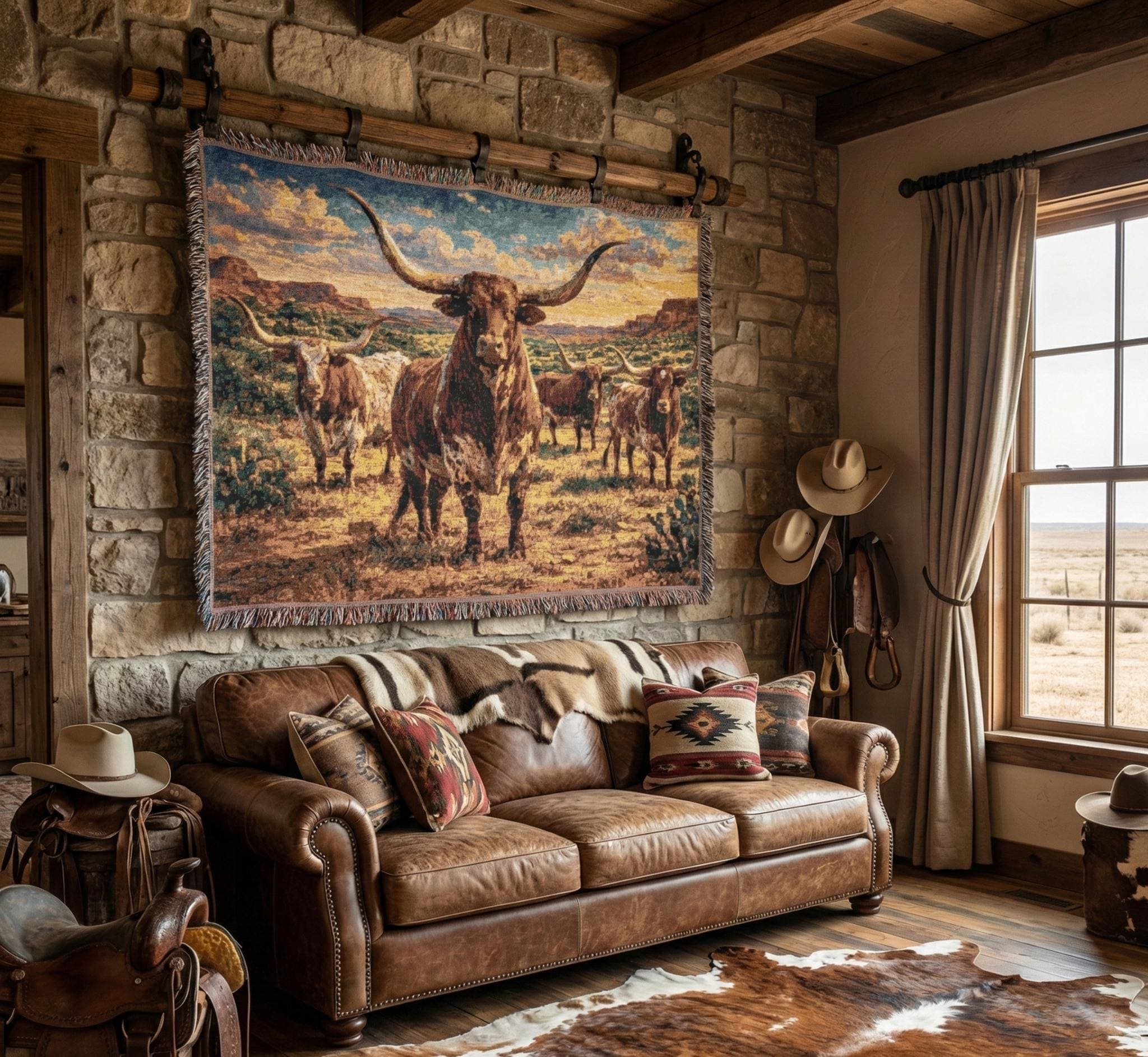 Texas Longhorn Cattle Woven Tapestry Wall Hanging Western Ranch Wall Decor Tapestry Blanket Rustic Farmhouse Gift Woven Throw Fringe Art
