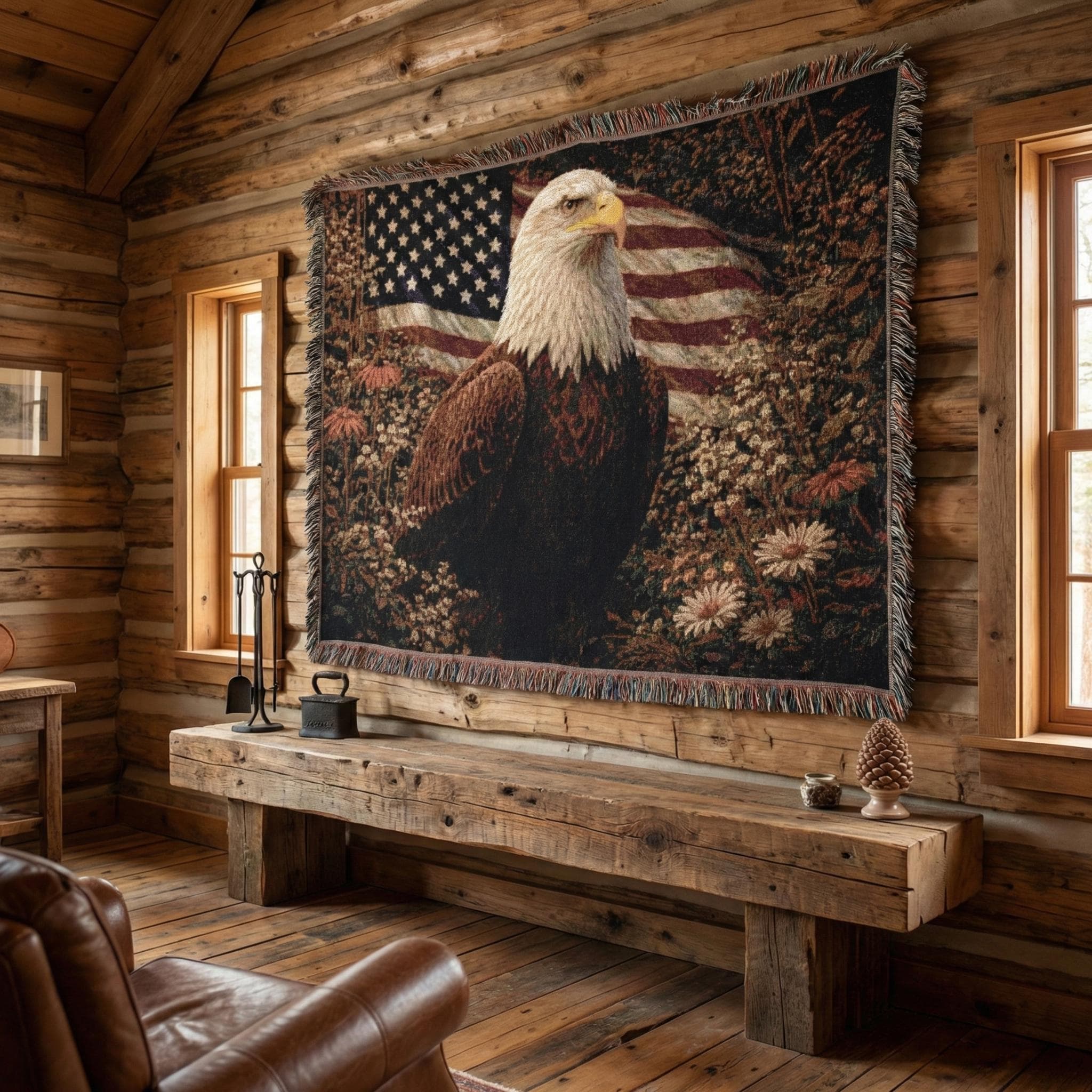 Bald Eagle Tapestry Wall Hanging American Flag Decor Patriotic Wall Decor Rustic Cabin Lodge Woven Blanket Throw Veterans Gift Wall Art
