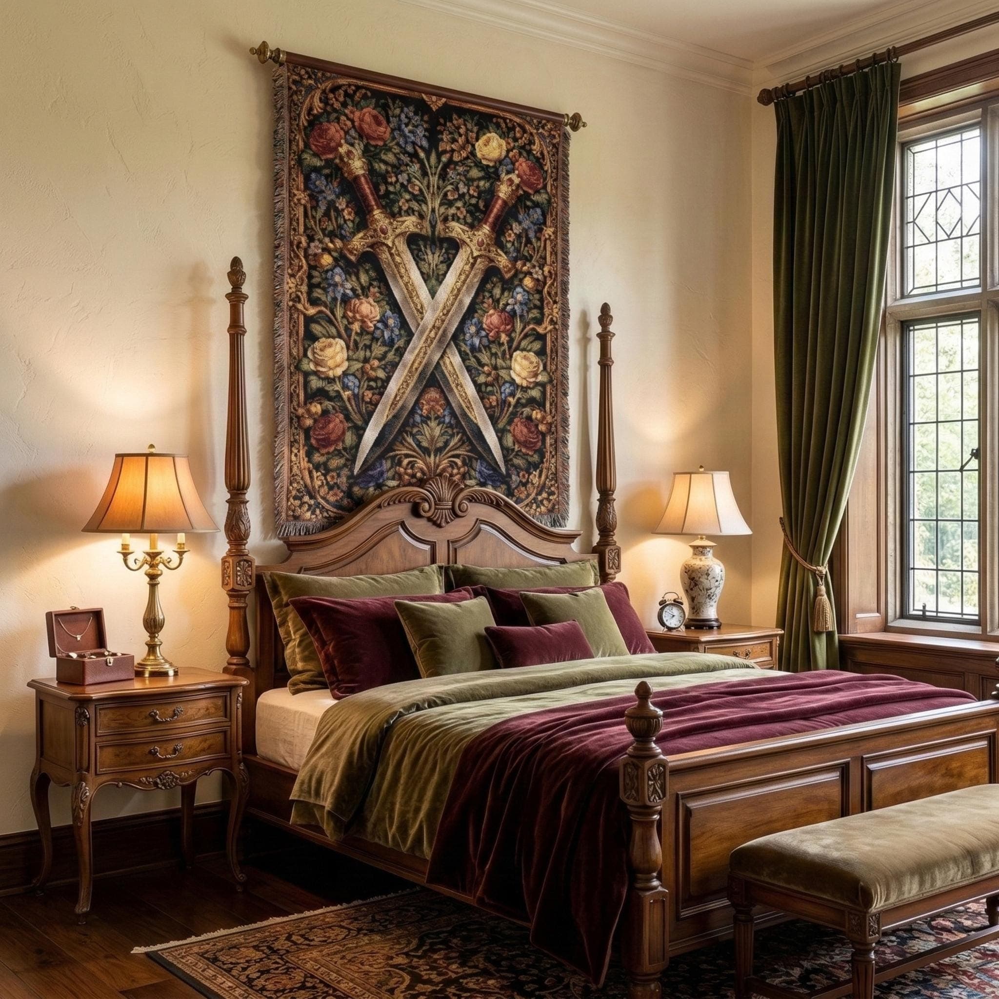 Woven tapestry wall hanging featuring two crossed ornate medieval swords over a floral botanical background with antique gold border details and rich vintage texture. Gothic floral medieval wall decor with deep black, gold, burgundy, ivory, and dusty blue tones, ideal for dark academia bedroom, office, library, game room, or fantasy inspired home. Also works as a woven throw blanket. Perfect gift for sword collectors, fantasy lovers, gothic decor fans, and antique botanical wall art collectors