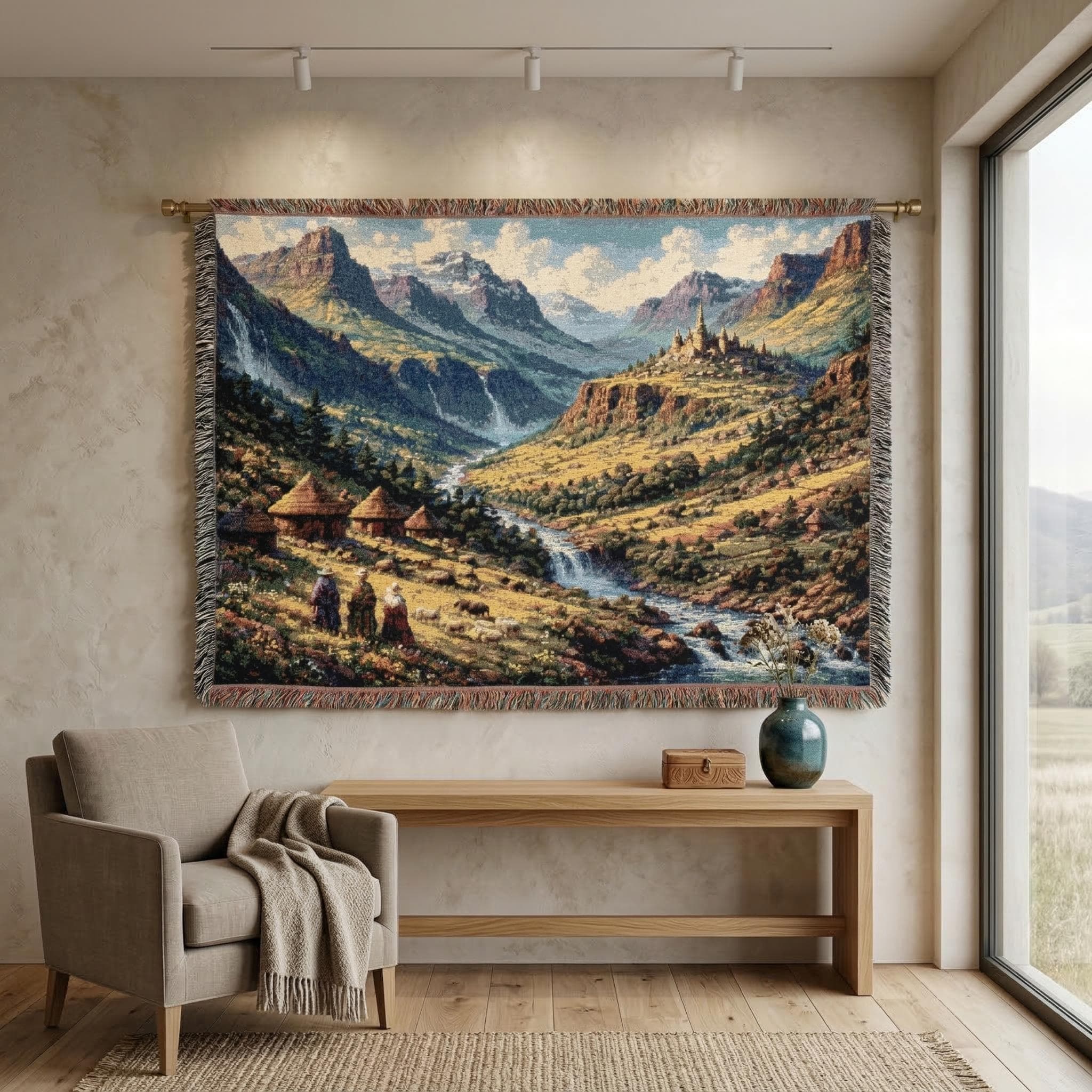 Fantasy Mountain Tapestry Wall Hanging Medieval Castle Valley Scenic Landscape Woven Throw Blanket Waterfall River RPG Decor Wall Art Gift