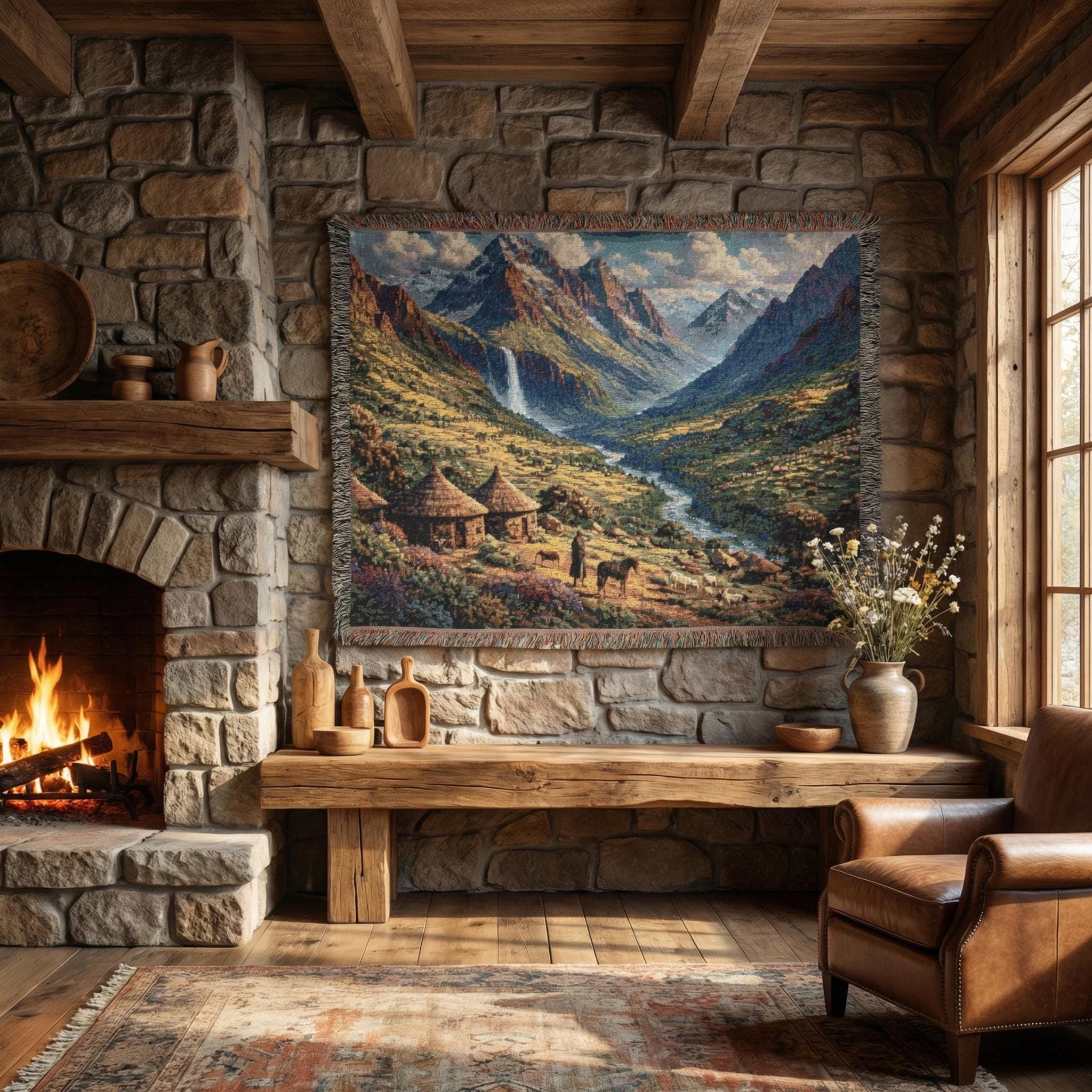 Mountain Valley Tapestry Wall Hanging Woven Throw Blanket Waterfall River Landscape Rustic Cabin Lodge Decor Nature Lover Gift Wall Art