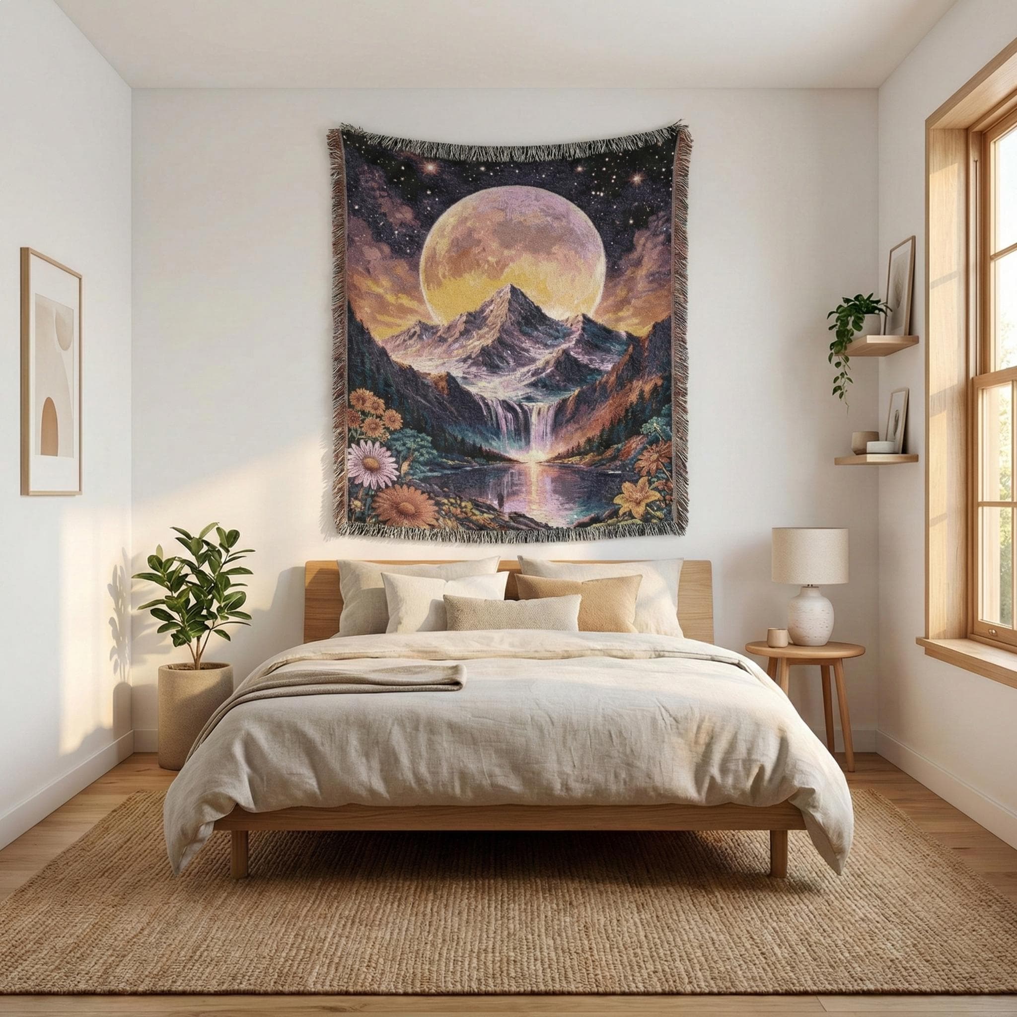 Moody Tapestry Wall Art Moon Mountain Wall Hanging  Art Woven Tapestry Blanket Starry Night Landscape Waterfall Lake Wildflower Decor Fringe