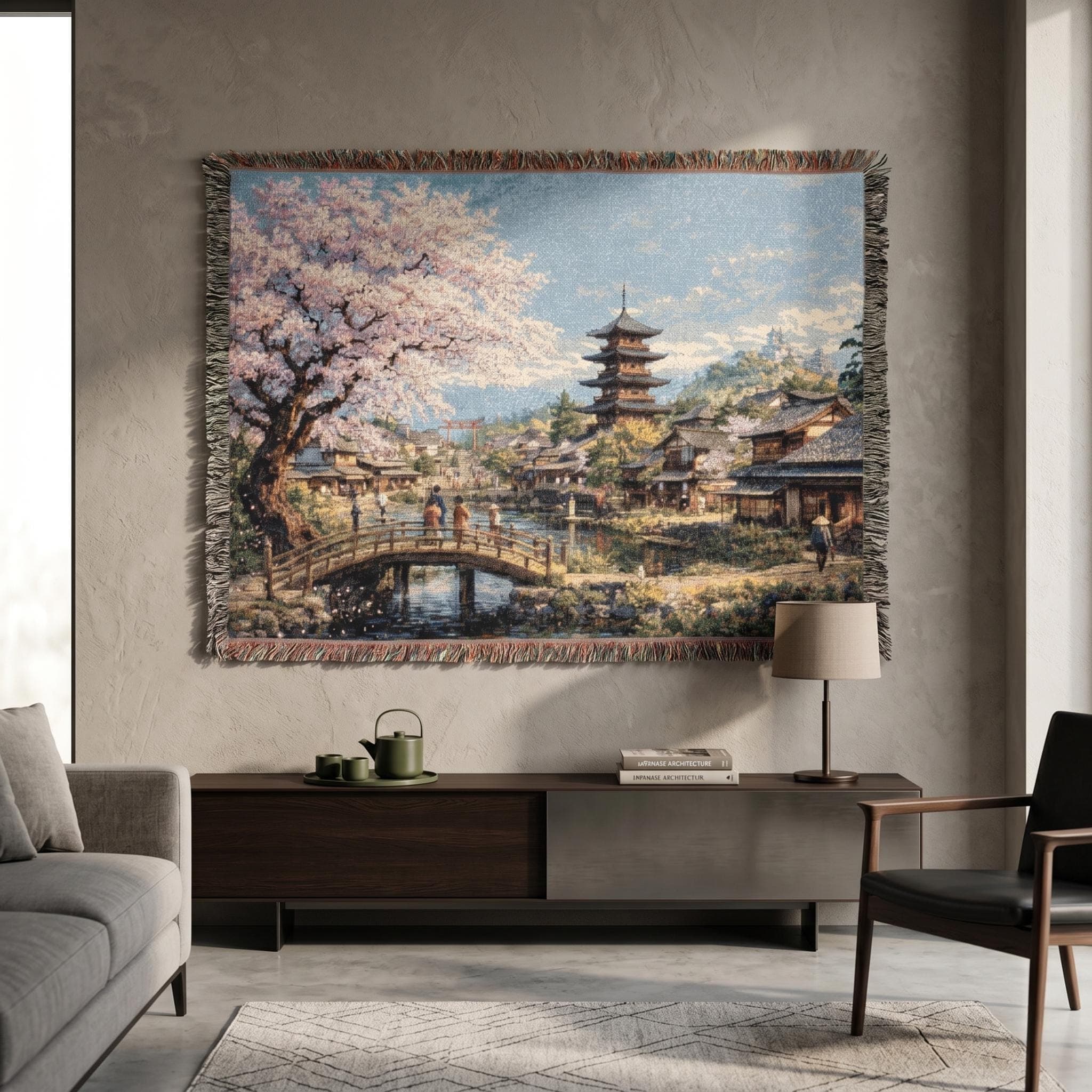Woven tapestry wall hanging featuring a peaceful Japanese village in spring with a blooming cherry blossom tree, wooden bridge, calm canal, traditional houses, and a tall pagoda beneath a bright blue sky. Scenic sakura wall art with soft pink blossoms, reflective water, and serene old world detail, ideal as a large wall tapestry, decorative throw blanket, Japanese home decor accent, and gift for cherry blossom lovers, spring decor fans, and collectors of tranquil landscape art.