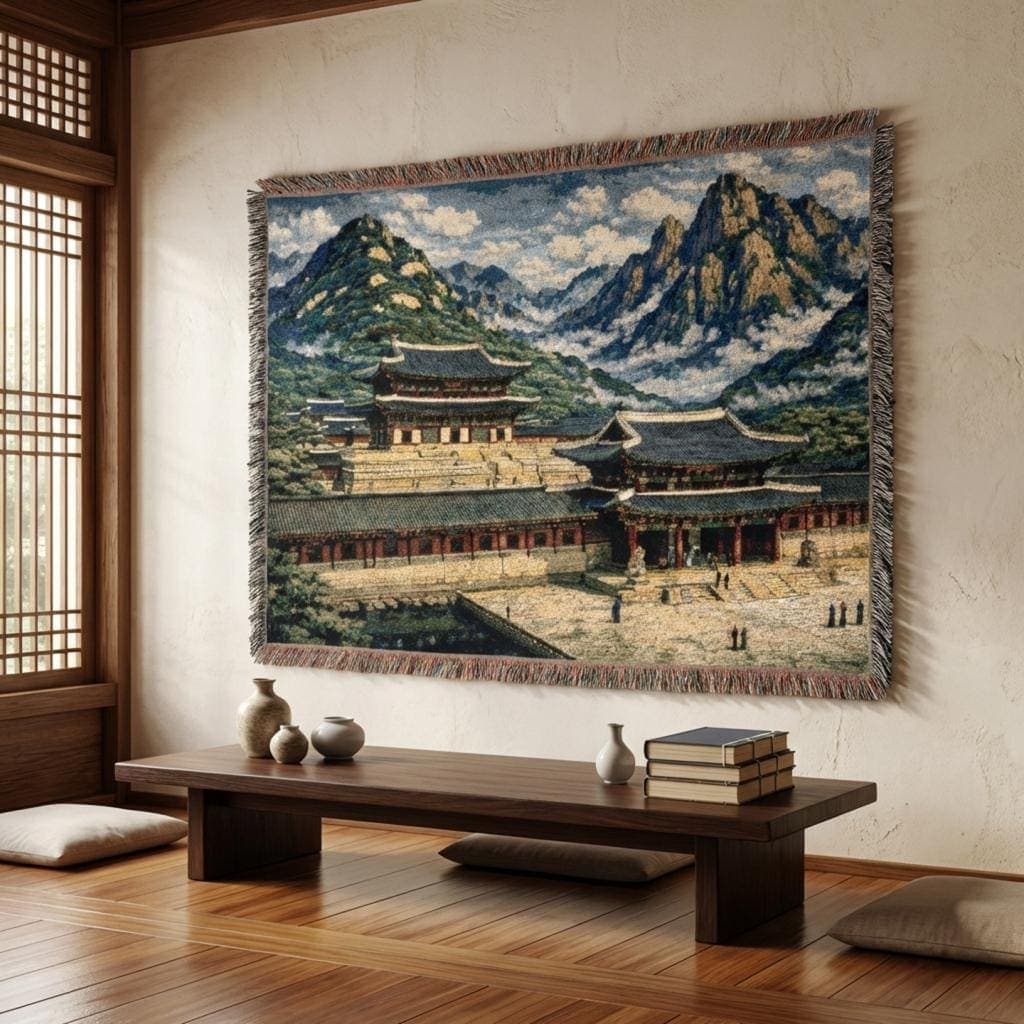 Korean Palace Tapestry Wall Hanging Woven Blanket Joseon Hanok Mountain Landscape Wall Decor, Asian Wall Art, Seoul Kdrama Aesthetic Gift