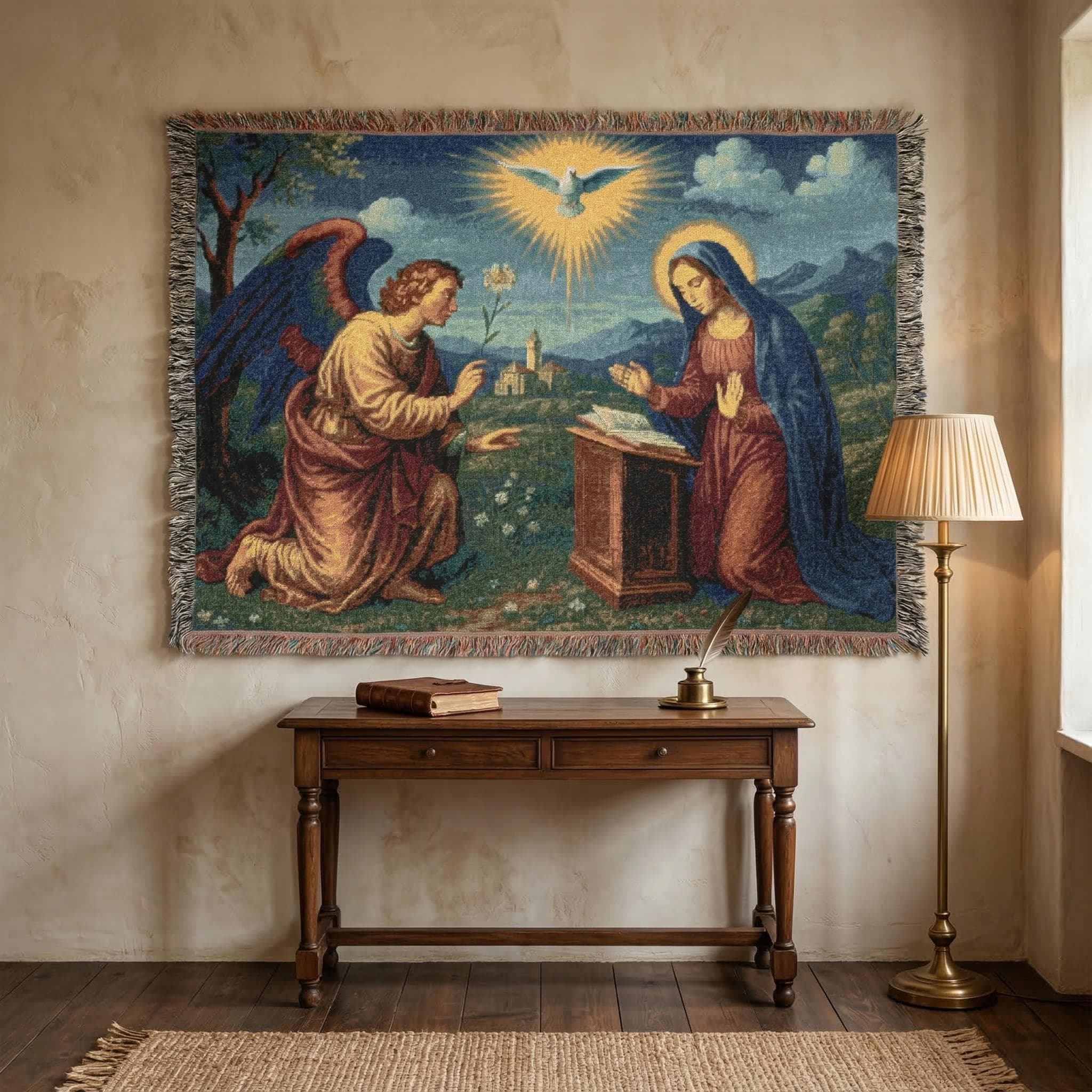 Woven tapestry wall hanging featuring the Annunciation with Angel Gabriel and Virgin Mary, radiant dove above, halo details, and a peaceful landscape background. Christian Bible scene decor with rich woven texture and fringe, ideal for prayer room, church, bedroom, or study. Also works as a woven throw blanket. Meaningful religious wall art gift for Catholic family, baptism, confirmation, housewarming, and faith-filled home decor.