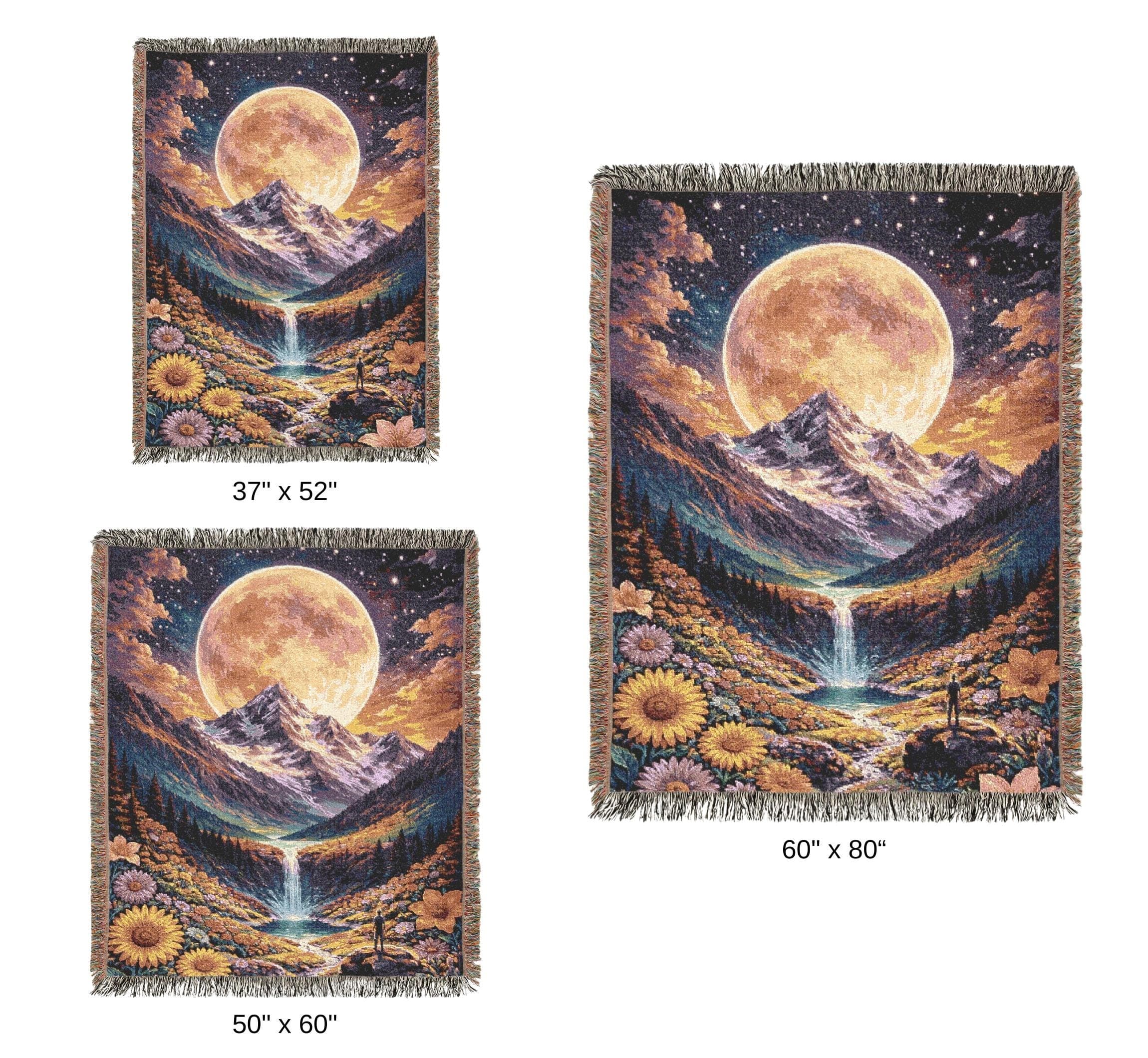 Moody Woven Tapestry Wall Decor Full Moon Mountain Waterfall Wall Hanging Tapestry Blanket Starry Night Art Landscape Wildflower Fringe - image 5
