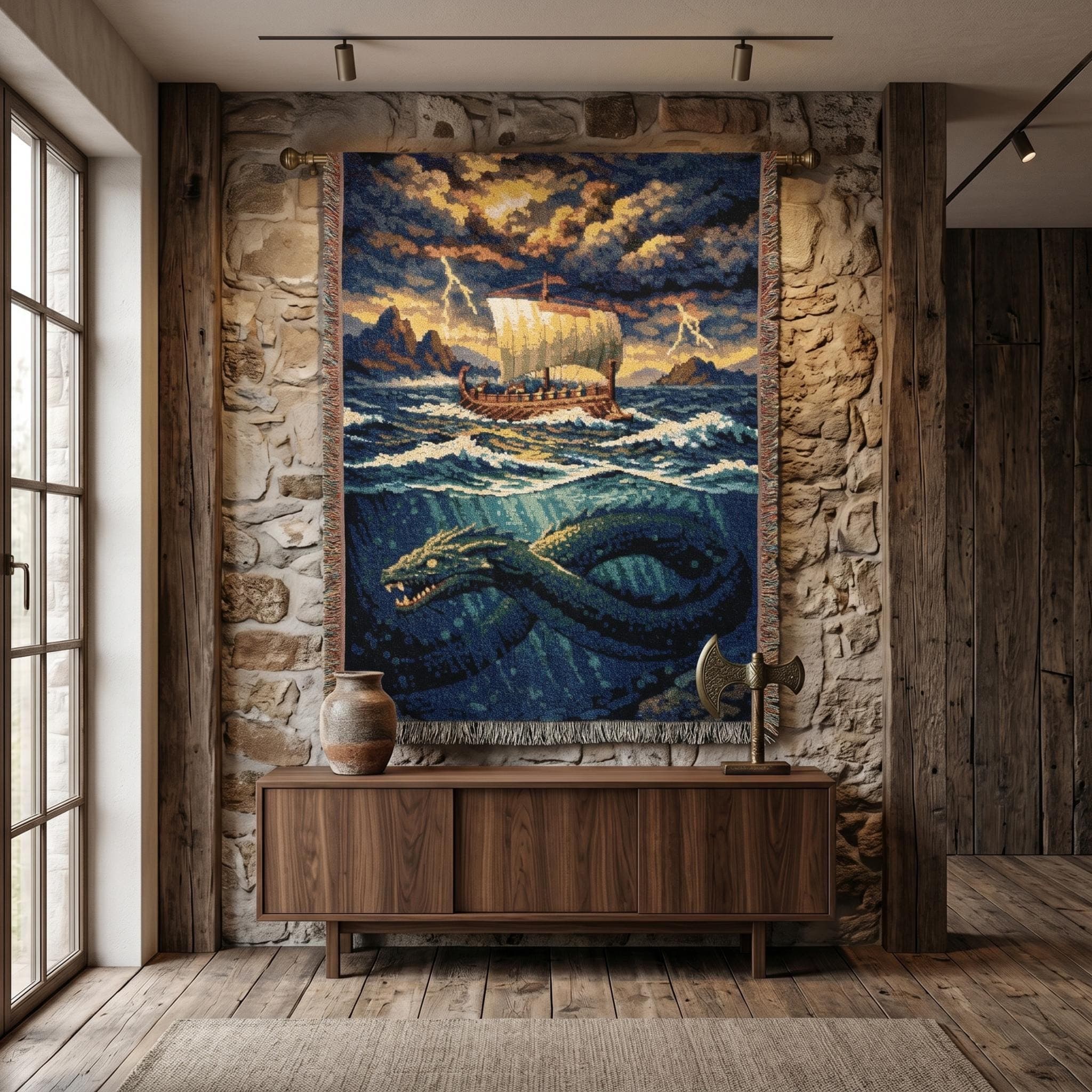 Viking Sea Serpent Tapestry Wall Hanging Norse Fantasy Wall Art Stormy Ocean Scene Throw Blanket Game Room Decor Gift for Him Nautical Art