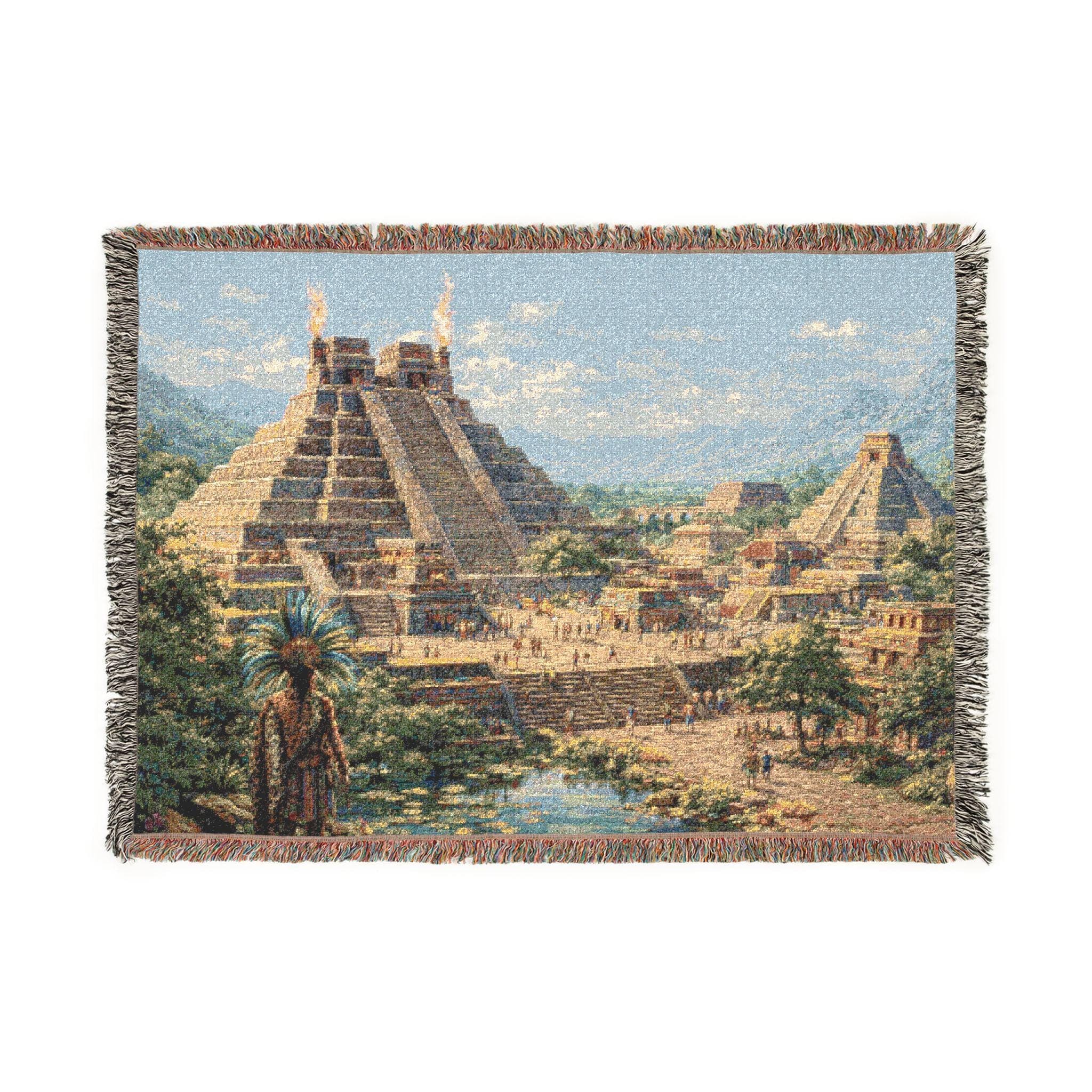 Woven tapestry wall hanging featuring a grand Mayan pyramid city surrounded by jungle greenery, stepped stone temples, ancient ruins, ceremonial stairways, and distant mountains under a bright sky. Historic wall art with old world architecture, archaeological atmosphere, and woven vintage, ideal as a large wall tapestry, decorative throw blanket, ancient civilization decor, study wall accent, library decor, and gift for history lovers, archaeology fans, and collectors of temple and ruins artwork