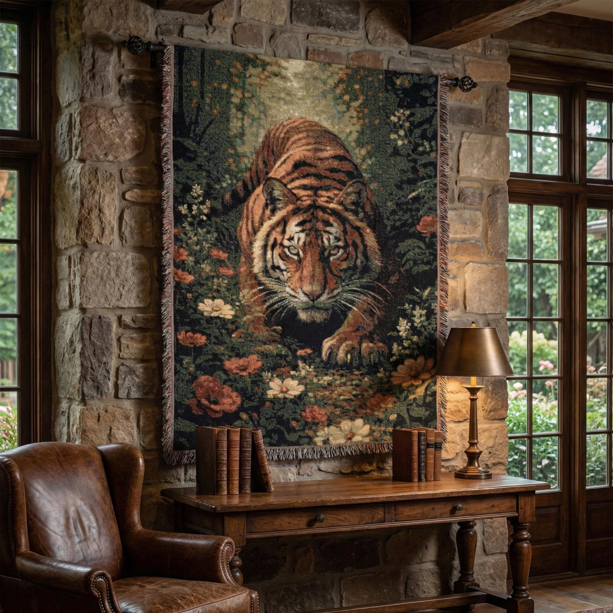 Wild Tiger Tapestry Wall Hanging Floral Woven Throw Blanket Dark Botanical Big Cat Decor Moody Cottagecore Bedroom Wall Art Wildlife Gift